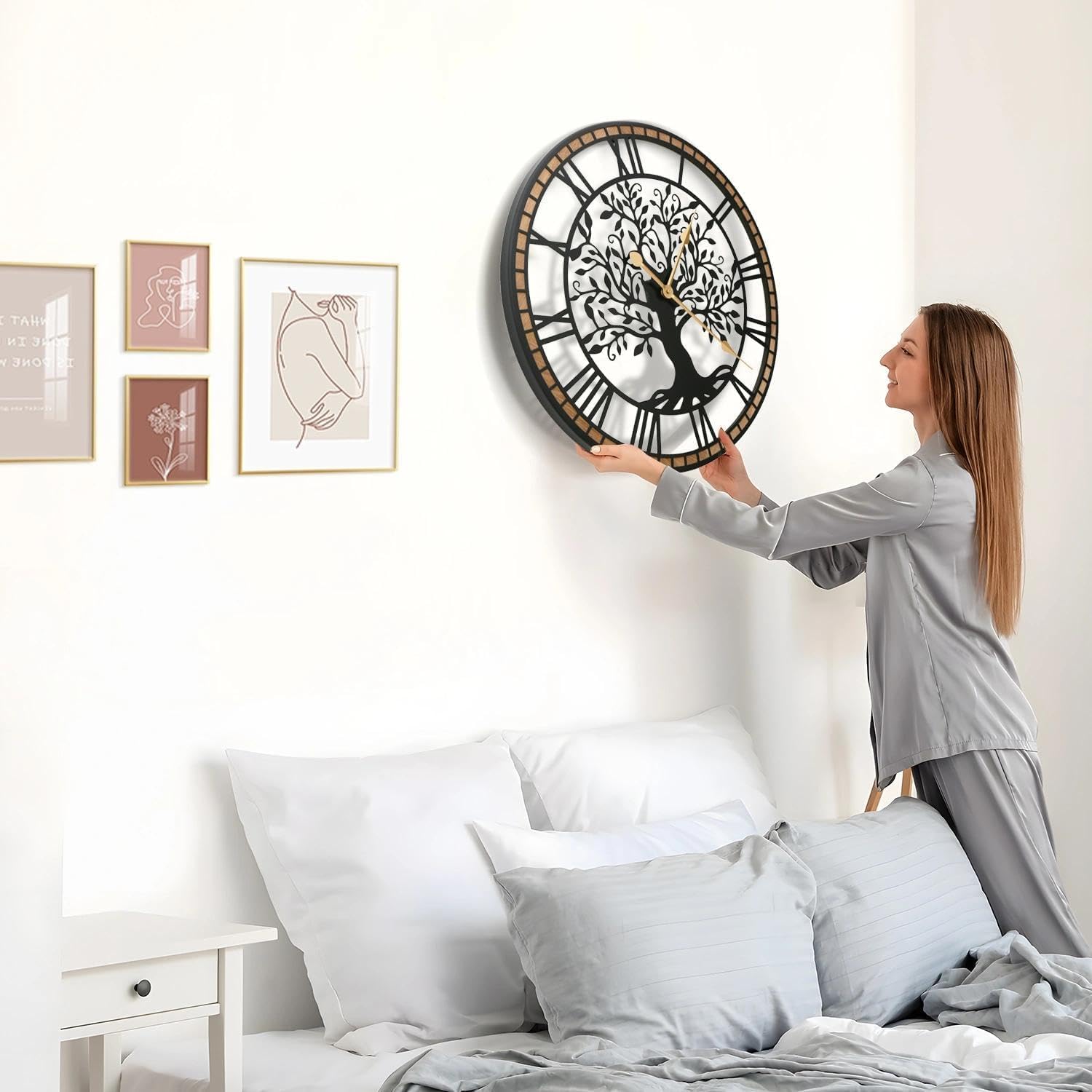 Micasso Non-Ticking Large Wall Clock: 24Inch Tree of Life Metal Black with Solid Wood Frame - Silent Battery Operated Clock for Living Room/Office/Bedroom/Kitchen - Home Decor for Fashion-Conscious