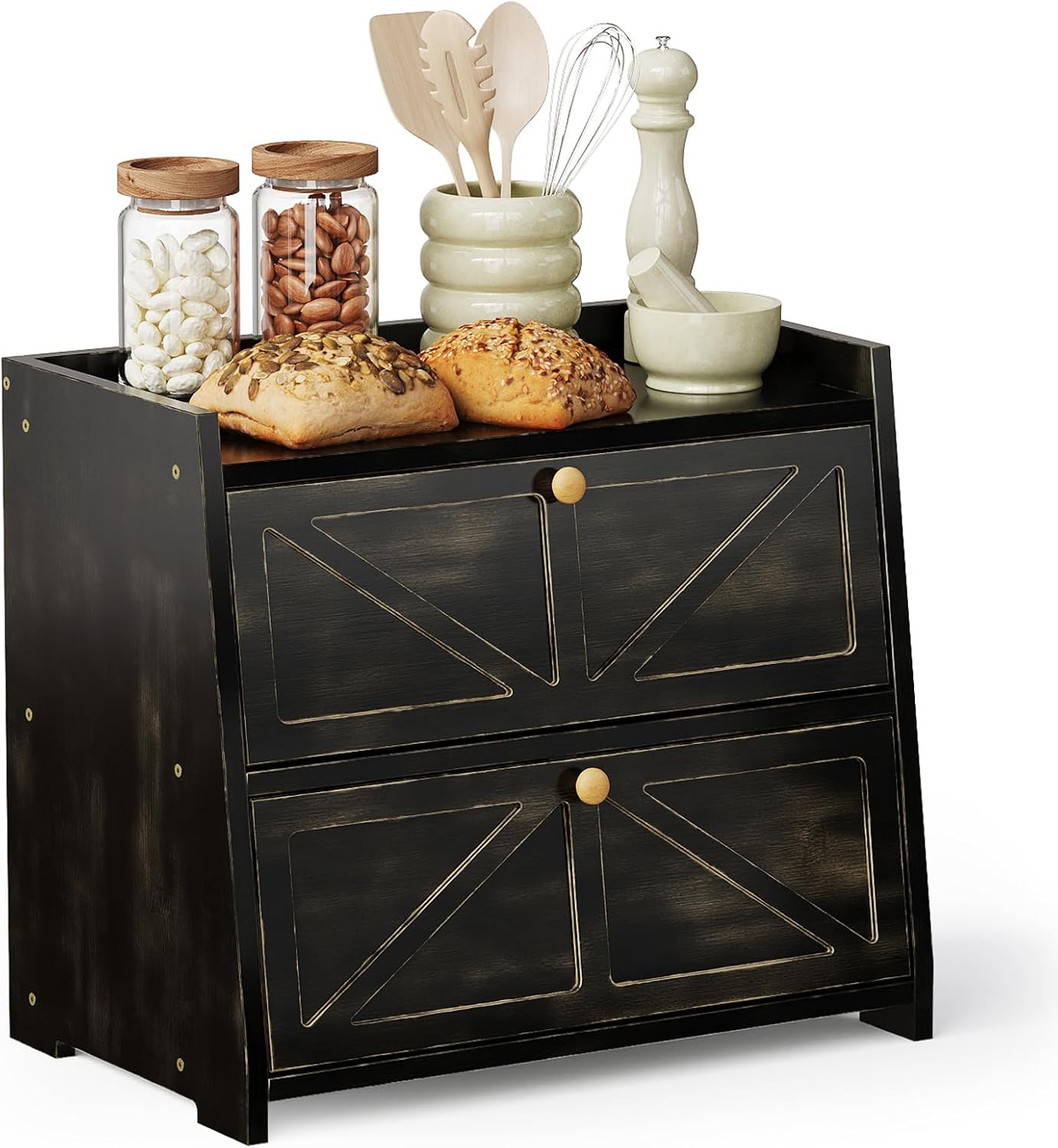 Trironsun Vintage Double Layer Bread Box for Kitchen Counter Bamboo Bread Storage Container Large Capacity Bread Storage Bin (Antique White)