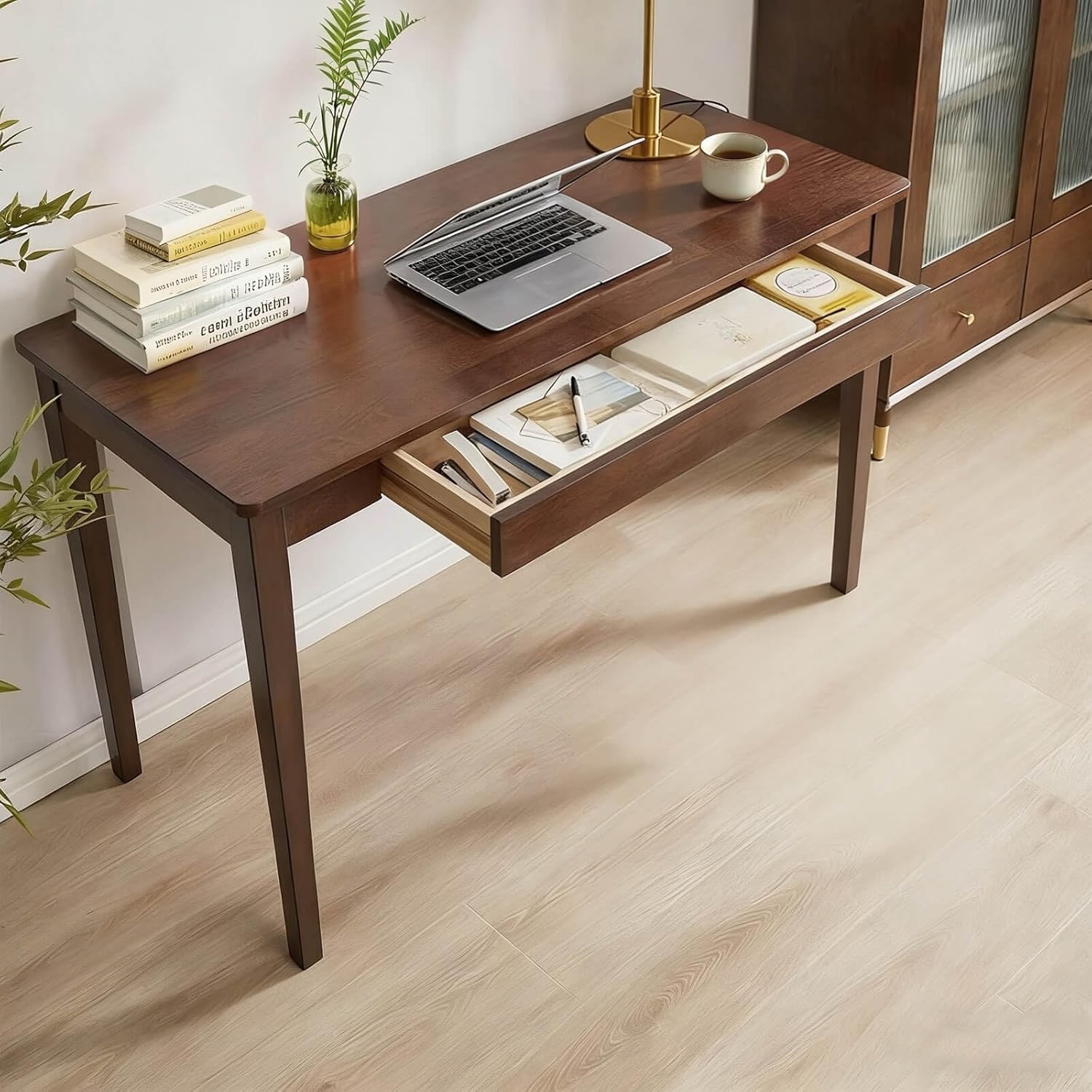 Solid Wood Desk,40" Oak Wooden Desk with Drawers,Mid Century Modern Small Computer Desk with Drawers for Small Spaces Home Office Solid Wood Writing Desk,(Walnut Color-1 Drawers) (Walnut Color)