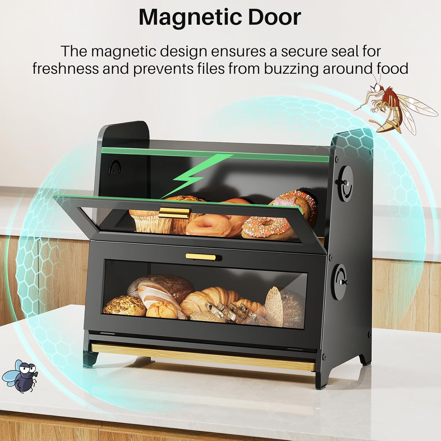 SNTD Bread Box - Kitchen Countertop Bread Storage Container with Bamboo Cutting Board, Adjustable Vent Hole Dials, Black