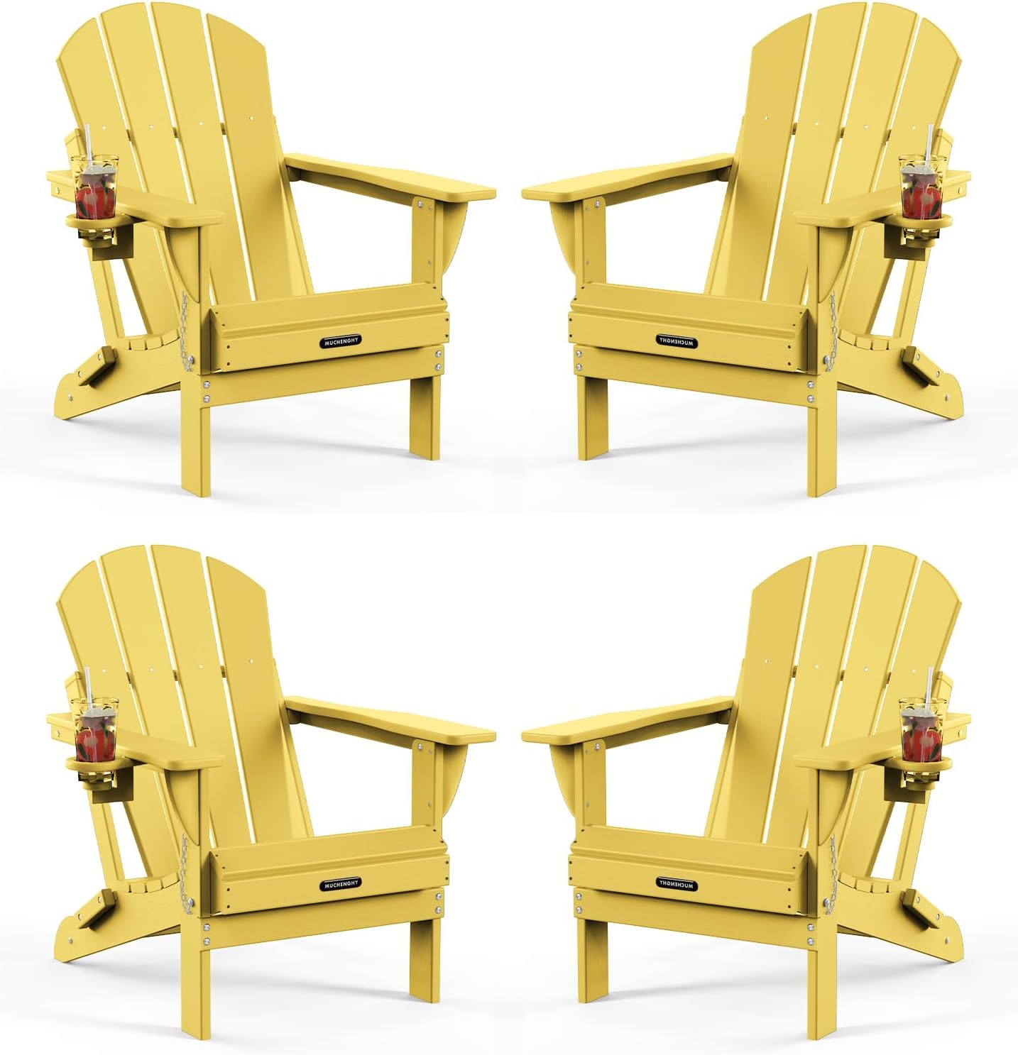 MUCHENGHY Folding Adirondack Chairs 2 Pack, Patio & Outdoor Chairs, Plastic Weather Resistant with Cup Holder for Deck, Backyard, Garden (Black)