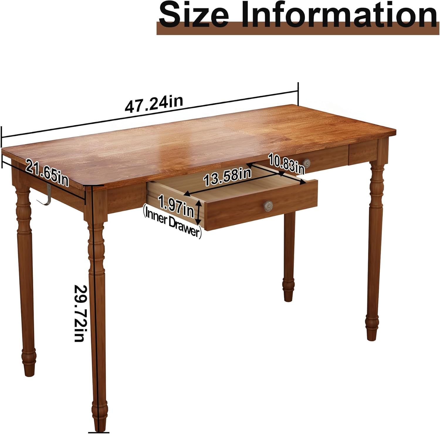 Vintage Solid Wood Writing Desk - 47.2" Mid Century Modern Desk with 2 Drawers, Wooden Computer Desks for Home Office, Large Secretary Desks, Traditional Vanity Dressing Table for Bedroom, Walnut