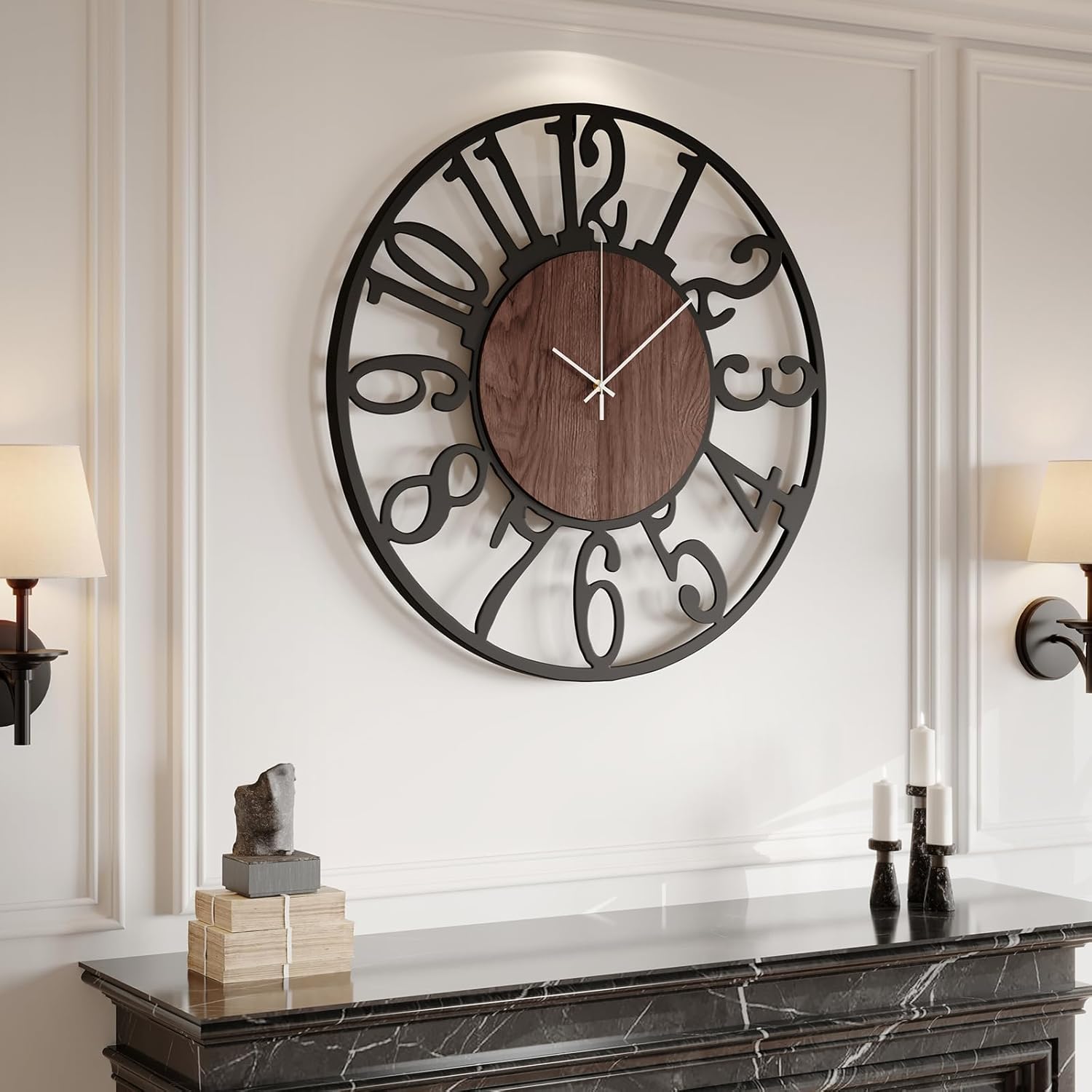 Cuspin Large Wall Clock for Living Room Decor, 30 Inch Decorative Wall Clocks Battery-Operated Silent Non Ticking Metal Modern Black Round Clock Arabic Numerals