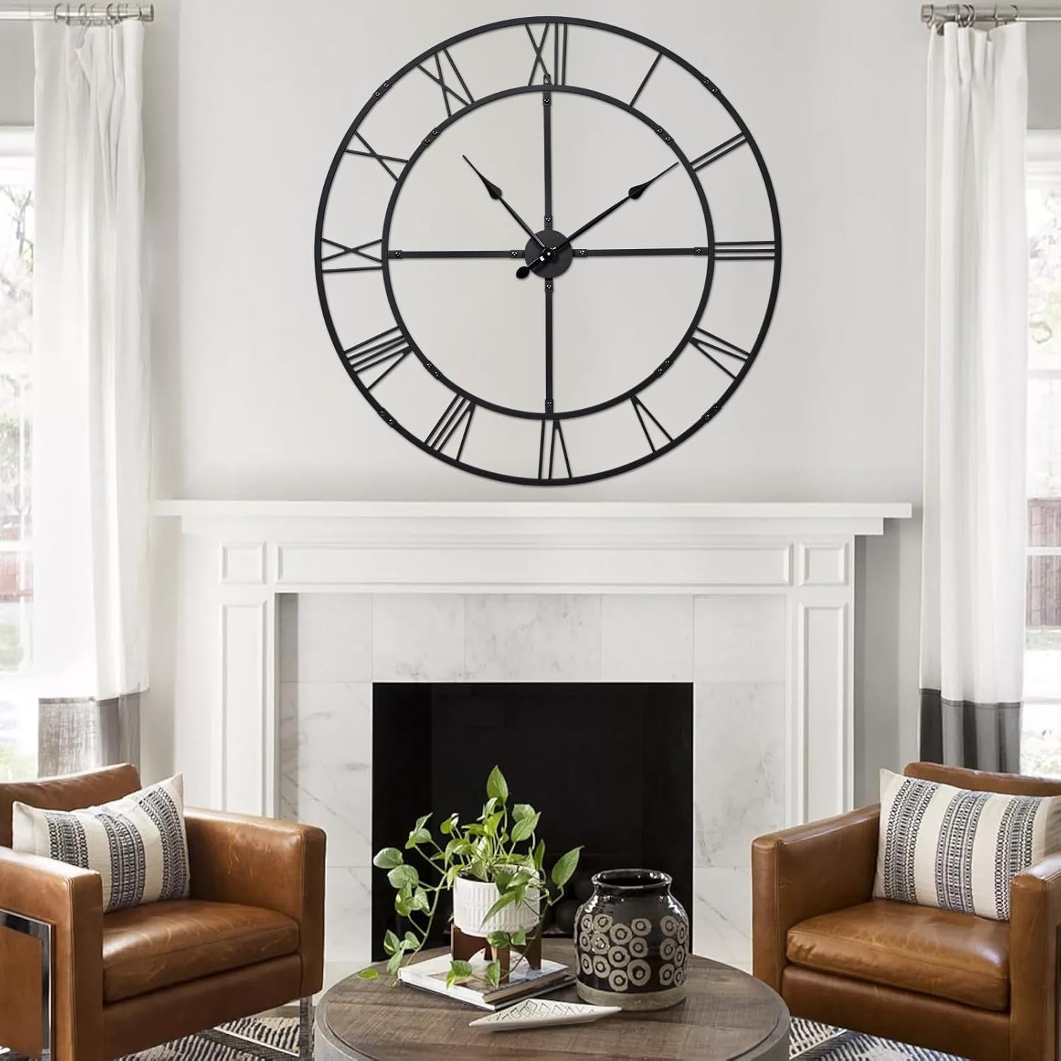 Ohweog Extra Large 40 Inch Wall Clock for Living Room Decor – Silent Non-Ticking Modern Farmhouse Wall Clock, Oversized Decorative Metal Roman Numeral Clock, Black