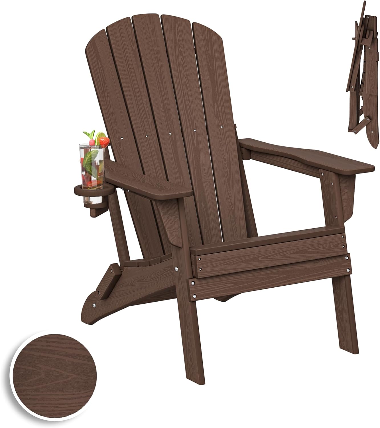 Plawdlik Folding Adirondack Chair, SGS Tested, Wooden Textured with Cup Holder, Heavy All-Weather HDPE Comfortable Set Poolside Backyard Lawn Black