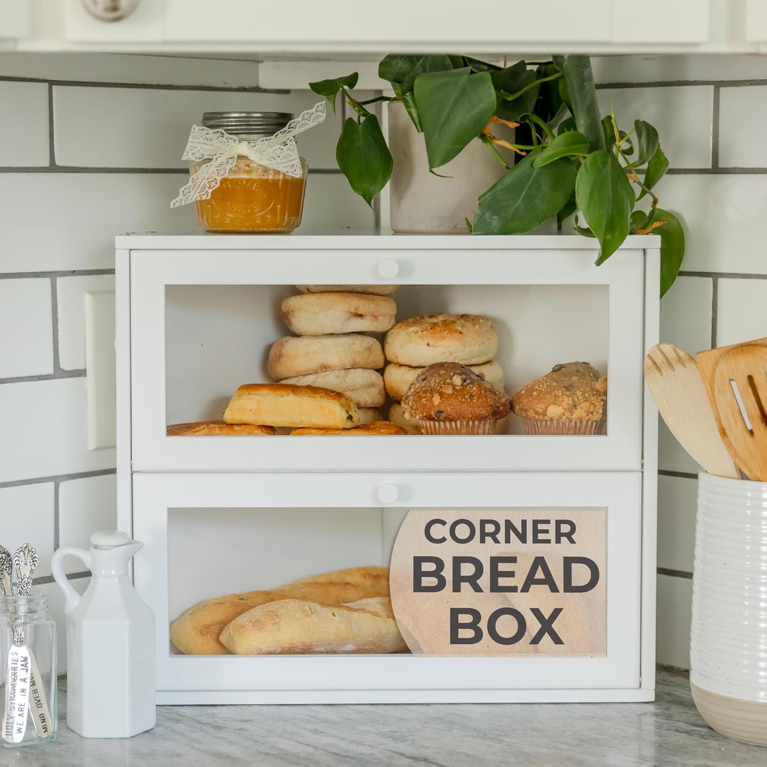BakedBin Corner Bread Box for Kitchen Countertop - New 2026 Design, Vintage Bamboo Wooden BreadBox, Large, Double Layer Storage for Homemade Bread, Sourdough, Panera, Under Cabinet Organizer