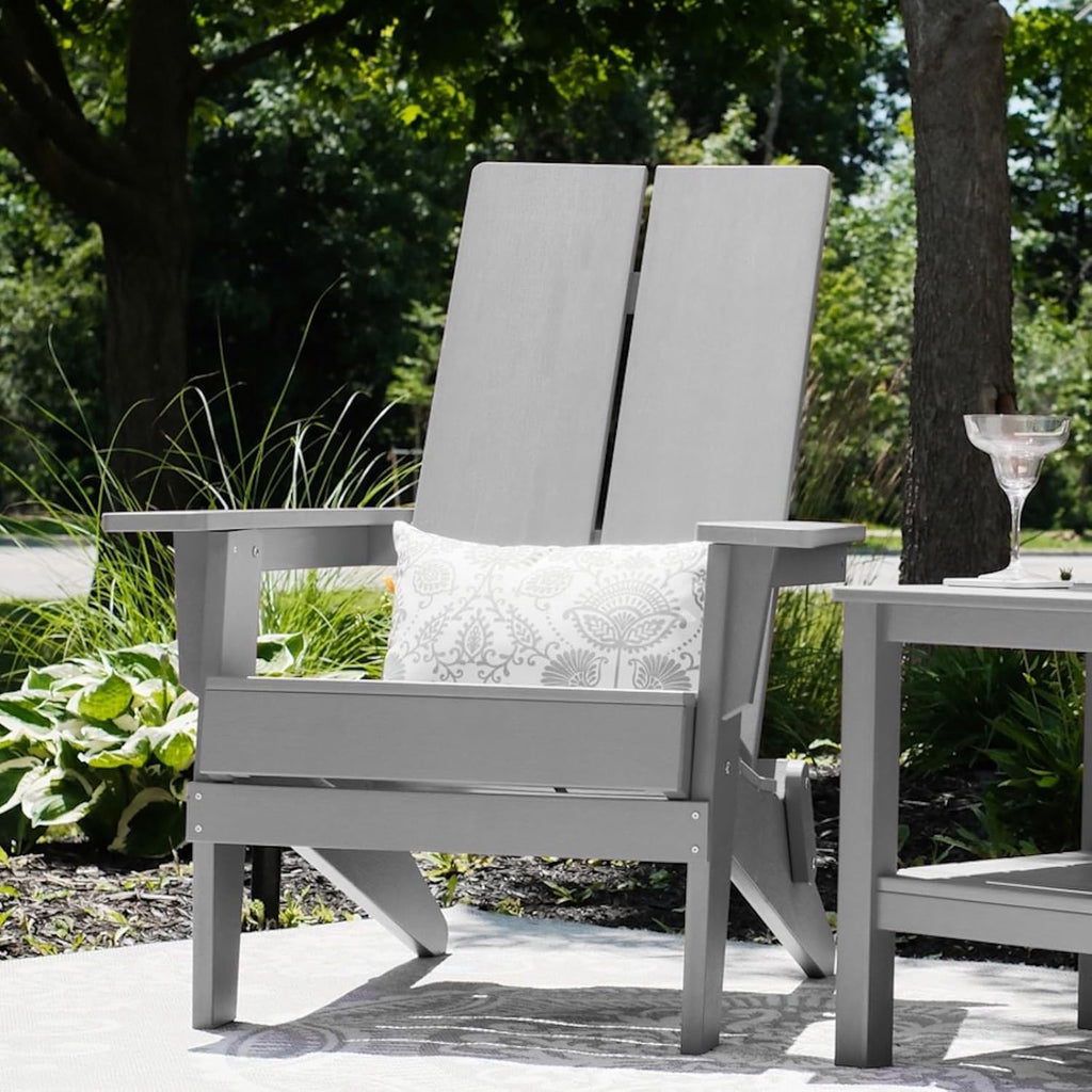 Krikacy Modern Folding Adirondack Chair, All-Weather HIPS Plastic Outdoor Lounge with Cup Holder, Stackable Resin Patio Chair for Fire Pit, Garden, Deck & Backyard Seating (Gray)