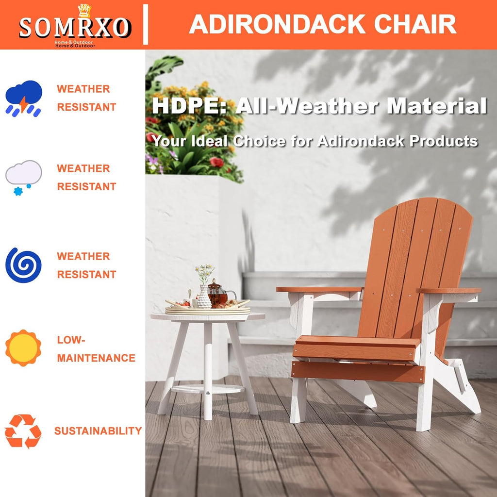 SOMRXO Foldable Adirondack Chair - HDPE Adirondack Patio Chairs,All-Weather Resistant Outdoor Fire Pit Chairs, Durable Composite Plastic Chair for Patio,Garden & Gatherings(White & Orange)