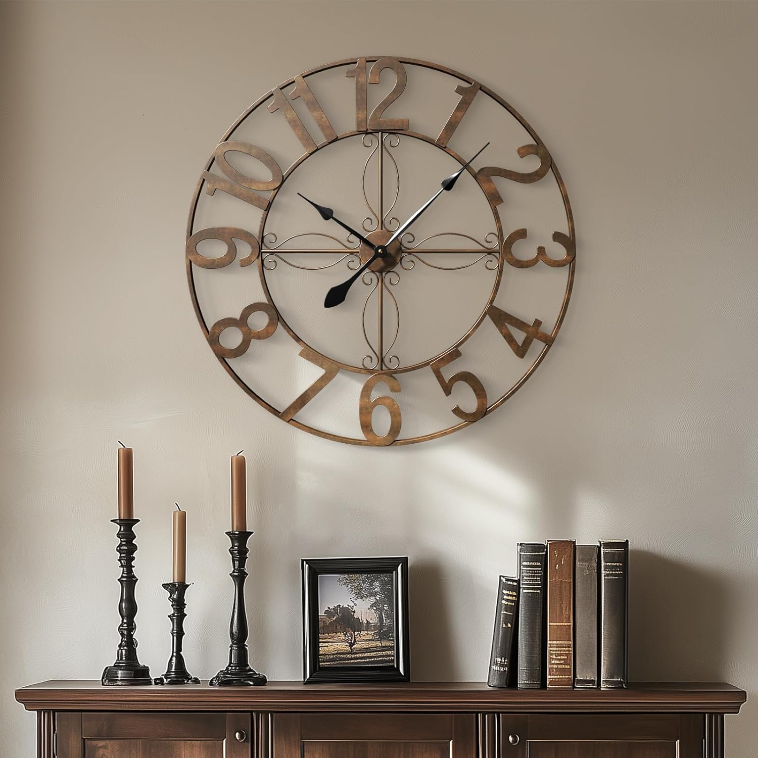 Cuspin Large Wall Clock for Living Room Decor, 30 Inch Decorative Wall Clocks Battery-Operated Silent Non Ticking Metal Modern Black Round Clock Arabic Numerals