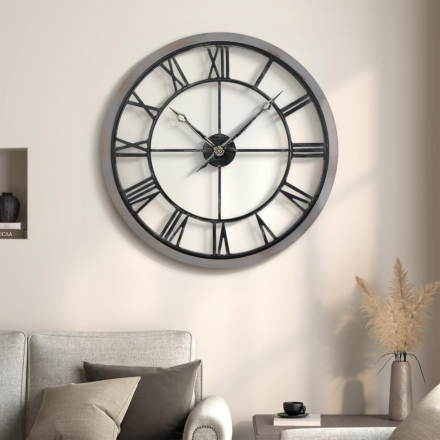 Cuspin Large Wall Clock for Living Room Decor, 30 Inch Decorative Wall Clocks Battery-Operated Silent Non Ticking Metal Modern Black Round Clock Arabic Numerals