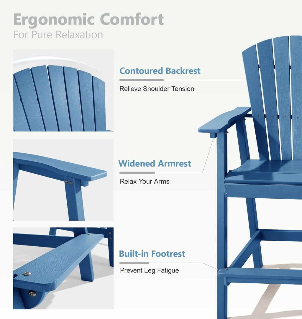 PASAMIC Tall Adirondack Chairs Set of 2, All-Weather HDPE Patio Chairs with Double Connecting Trays, Bar Height Heavy-Duty Outdoor Chairs for Garden, Backyard, Balcony, Blue