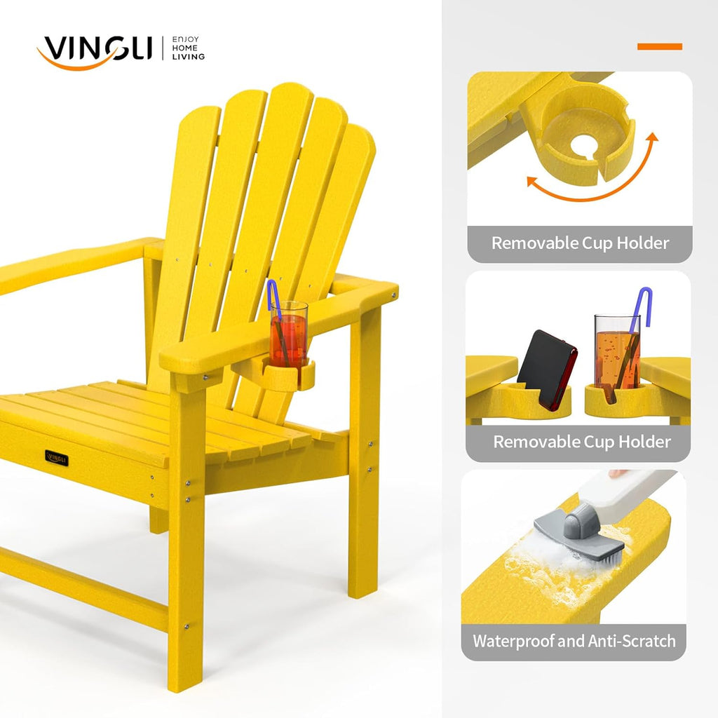 VINGLI Plastic Folding Adirondack Chair with Cup Holder, 100% Recyclable HDPE Material, 380lb Weight Capacity for Outdoor Pool Patio Lounge Chair Lawn Furniture Fire Pit, 1 Pack, Lemon Yellow