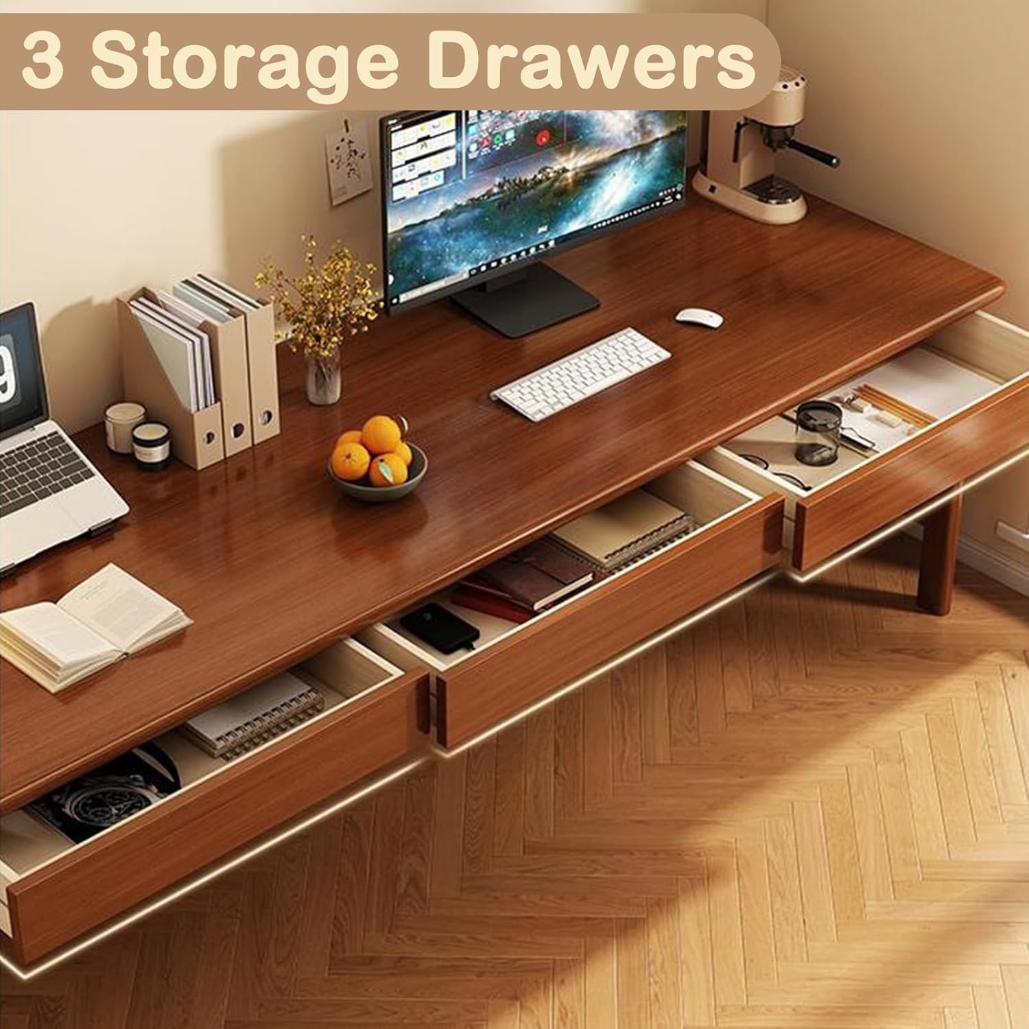 Ytaoka 70.86" Long Solid Wood Desk with 3 Drawers Home Office Computer Desk Mid Century Modern Large Study Writing Desk Simple Real Wood Desk Study Table Workstation, Walnut