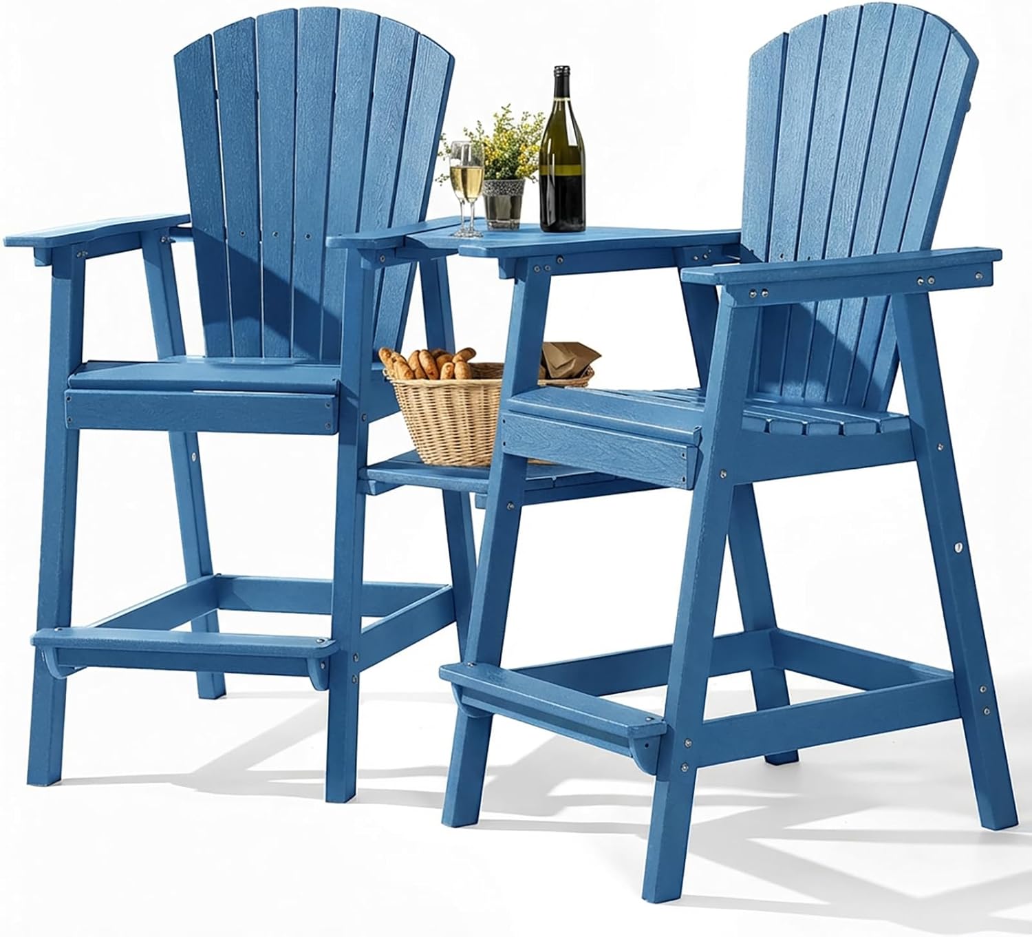 PASAMIC Tall Adirondack Chairs Set of 2, All-Weather HDPE Patio Chairs with Double Connecting Trays, Bar Height Heavy-Duty Outdoor Chairs for Garden, Backyard, Balcony, Blue