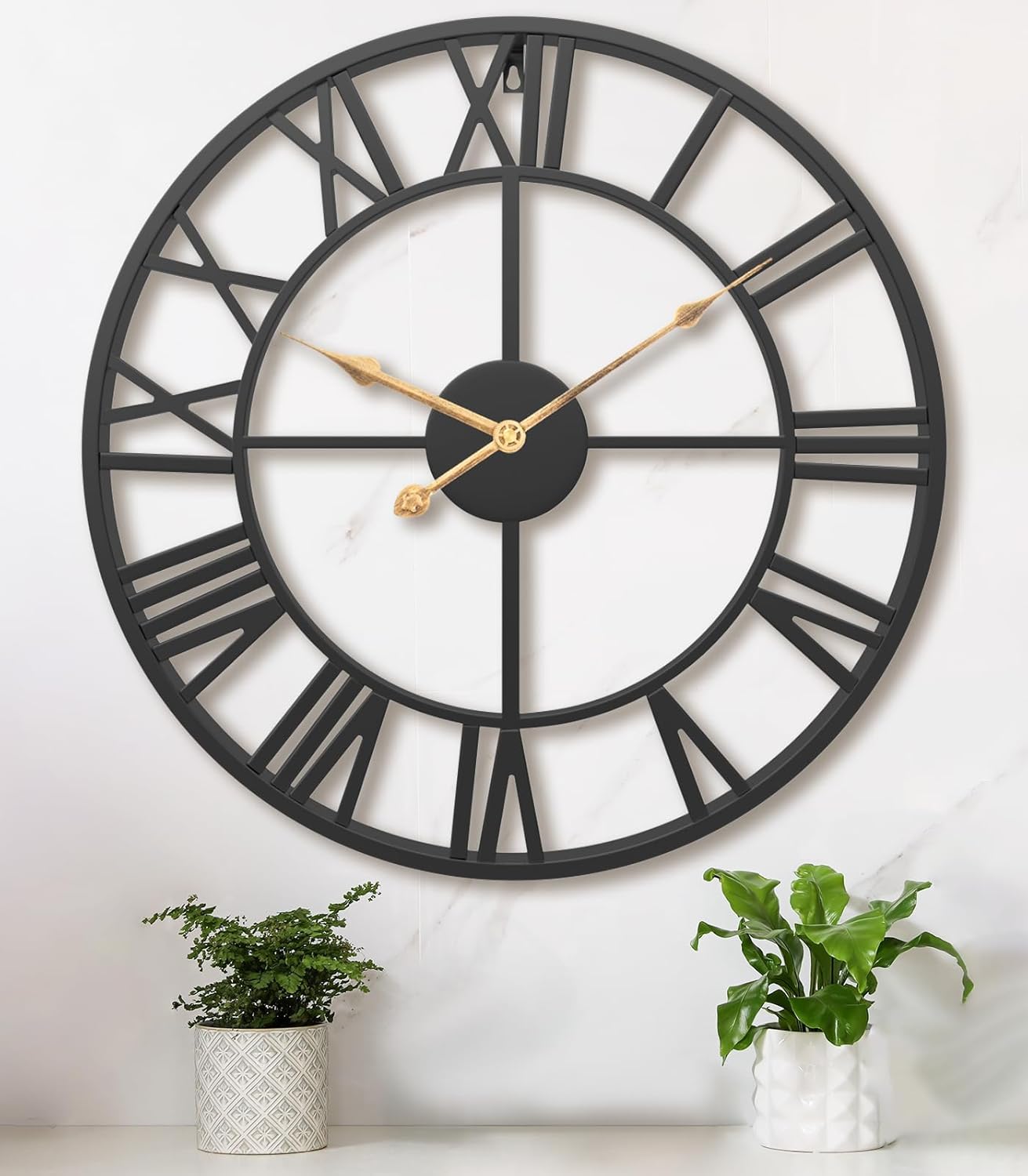 Pytha Sight 30 Inch Extra Large Giant Wall Clock,Oversized Round Silent Vintage Industrial Black Metal Farmhouse Big Roman Numeral Wall Clocks for Living Room,Kitchen,Bedroom Home Decor