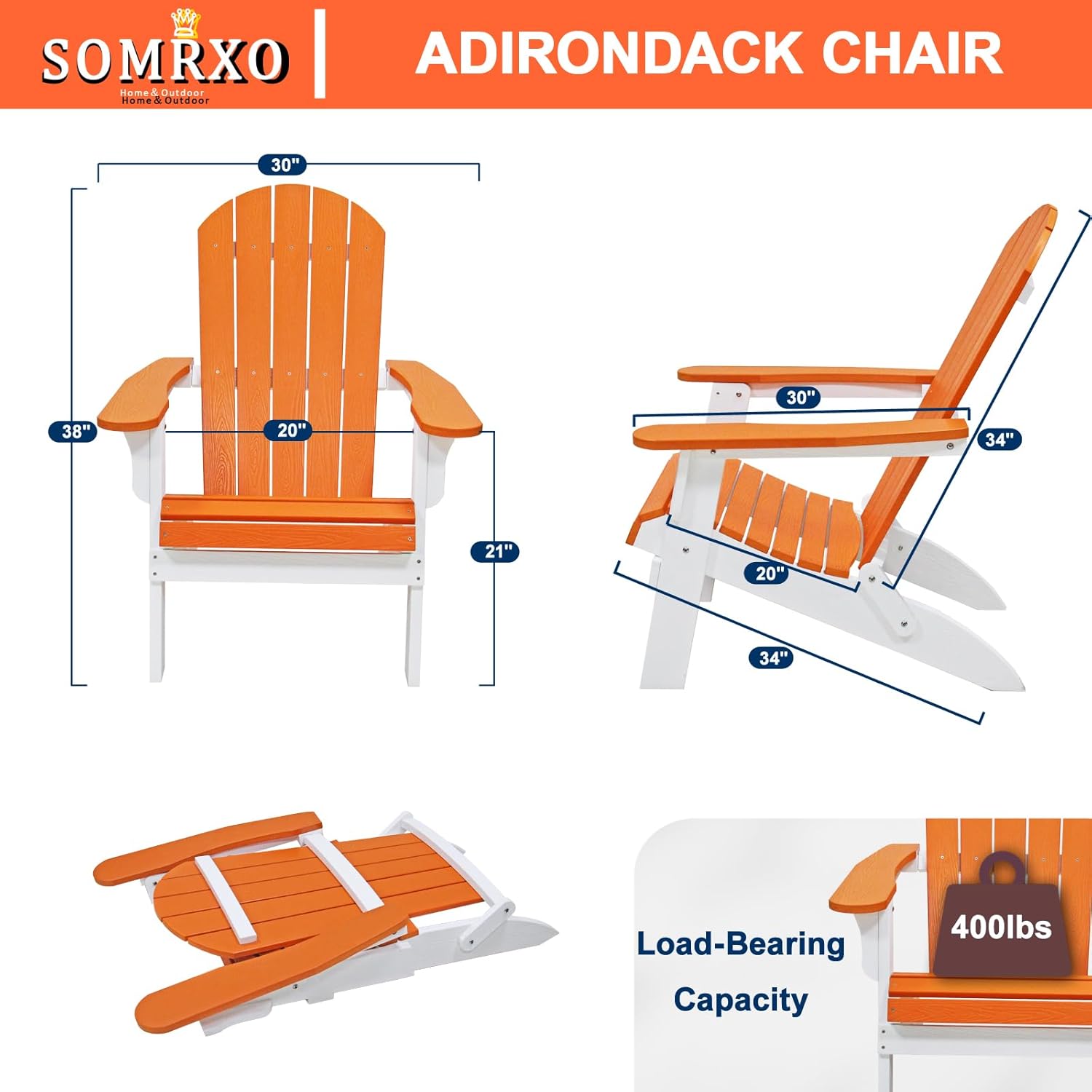 SOMRXO Foldable Adirondack Chair - HDPE Adirondack Patio Chairs,All-Weather Resistant Outdoor Fire Pit Chairs, Durable Composite Plastic Chair for Patio,Garden & Gatherings(White & Orange)