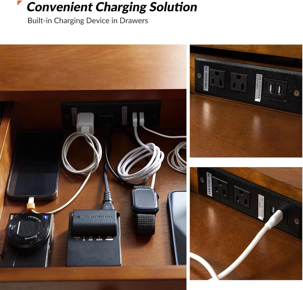 HULALA HOME Home Office Desk with 3 Drawers & Solid Wood Legs, Writing Table with Charging Station & Cable Management, Mid Century Modern Desk for Bedroom/Living Room/Study/Workstation, Walnut