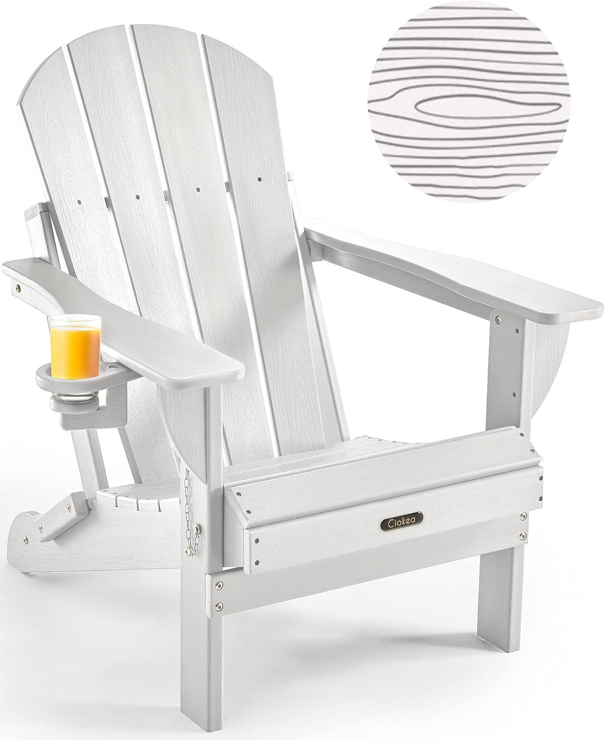 Ciokea Folding Adirondack Chair Wood Texture, Patio Adirondack Chair Weather Resistant, Plastic Fire Pit Chair with Cup Holder, Lawn Chair for Outdoor Porch Garden Backyard Deck (Teak)