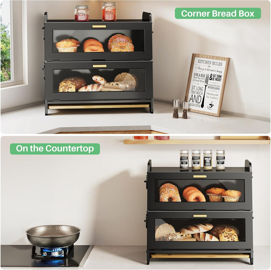SNTD Bread Box - Kitchen Countertop Bread Storage Container with Bamboo Cutting Board, Adjustable Vent Hole Dials, Black
