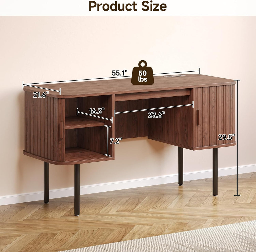 ONBRILL 55 Inch Fluted Computer Desk with Charging Station, Mid Century Executive Desk with 2 Storage Cabinets, Modern Home Office Large Desk with Metal Legs for Working, Studying, Writing, Walnut