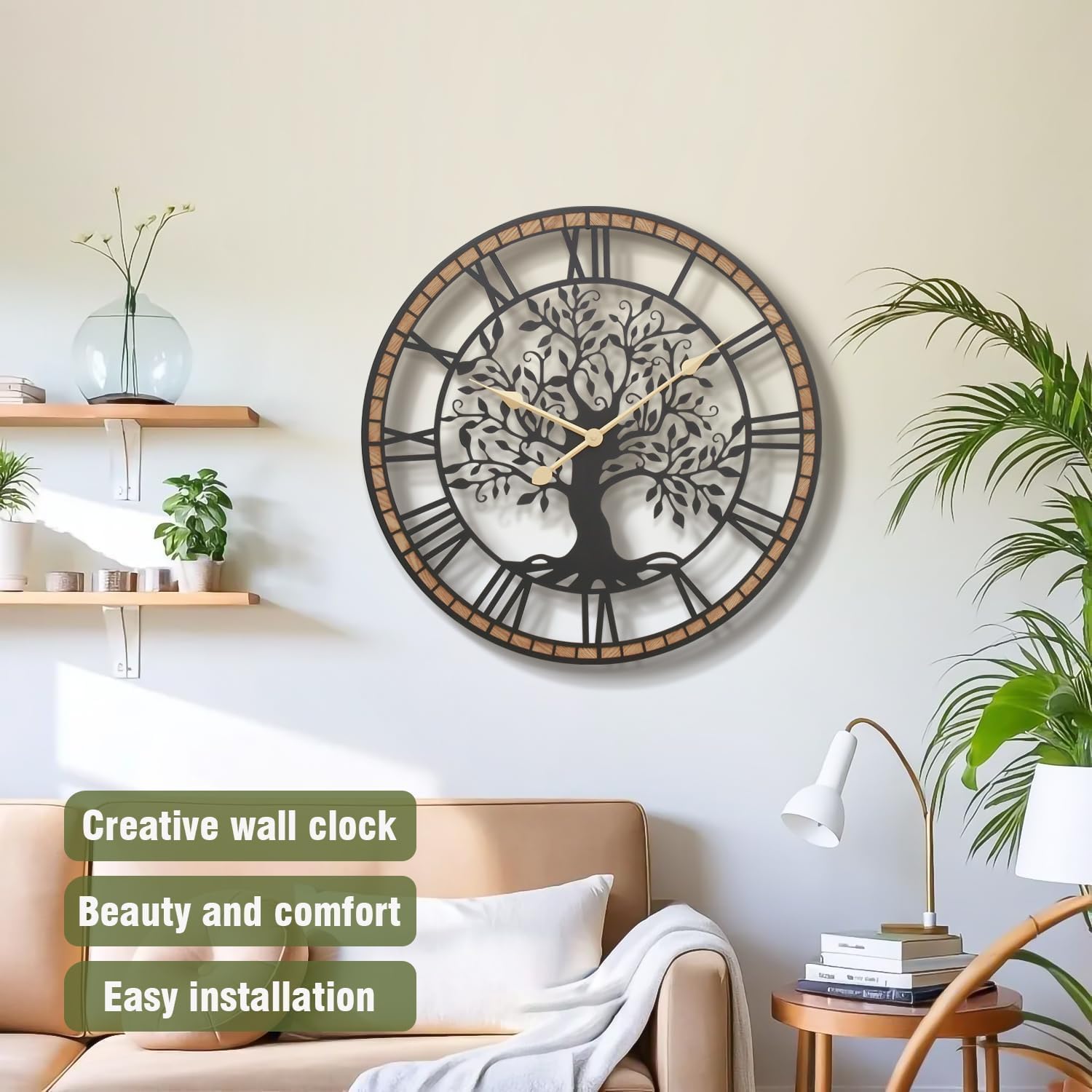 Micasso Non-Ticking Large Wall Clock: 24Inch Tree of Life Metal Black with Solid Wood Frame - Silent Battery Operated Clock for Living Room/Office/Bedroom/Kitchen - Home Decor for Fashion-Conscious