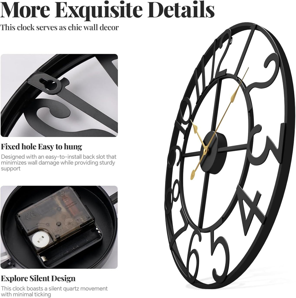 Cuspin Large Wall Clock for Living Room Decor, 30 Inch Decorative Wall Clocks Battery-Operated Silent Non Ticking Metal Modern Black Round Clock Arabic Numerals