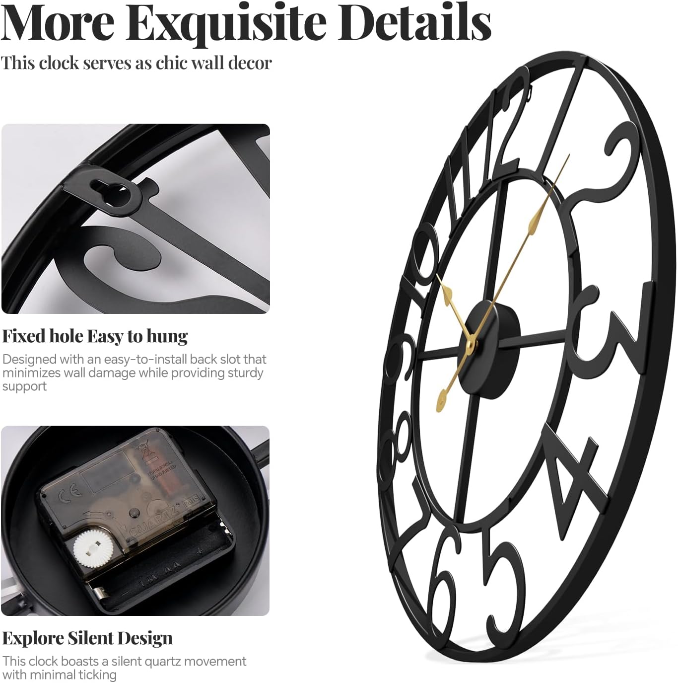 Cuspin Large Wall Clock for Living Room Decor, 30 Inch Decorative Wall Clocks Battery-Operated Silent Non Ticking Metal Modern Black Round Clock Arabic Numerals