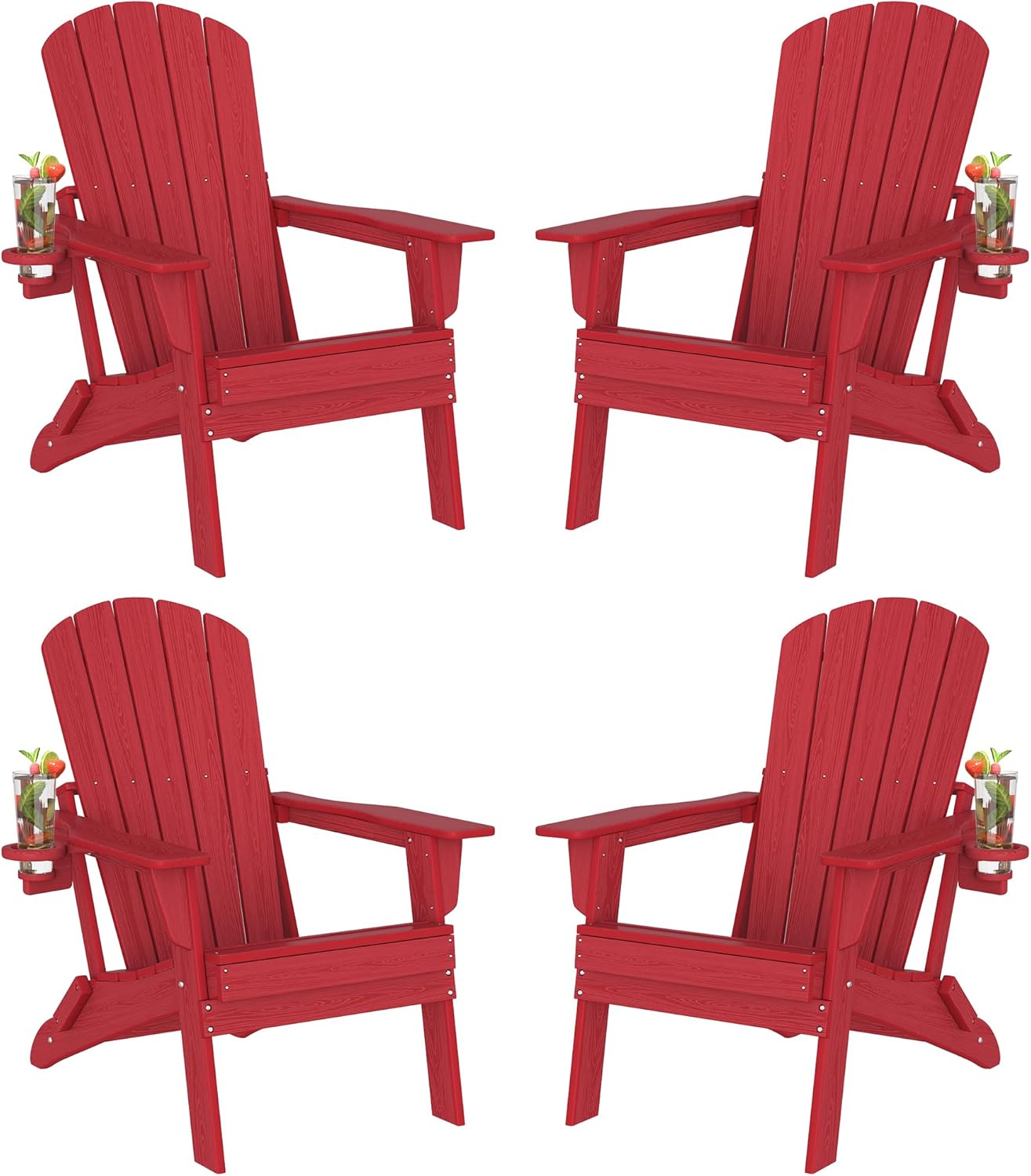 Plawdlik Folding Adirondack Chair, SGS Tested, Wooden Textured with Cup Holder, Heavy All-Weather HDPE Comfortable Set Poolside Backyard Lawn Black