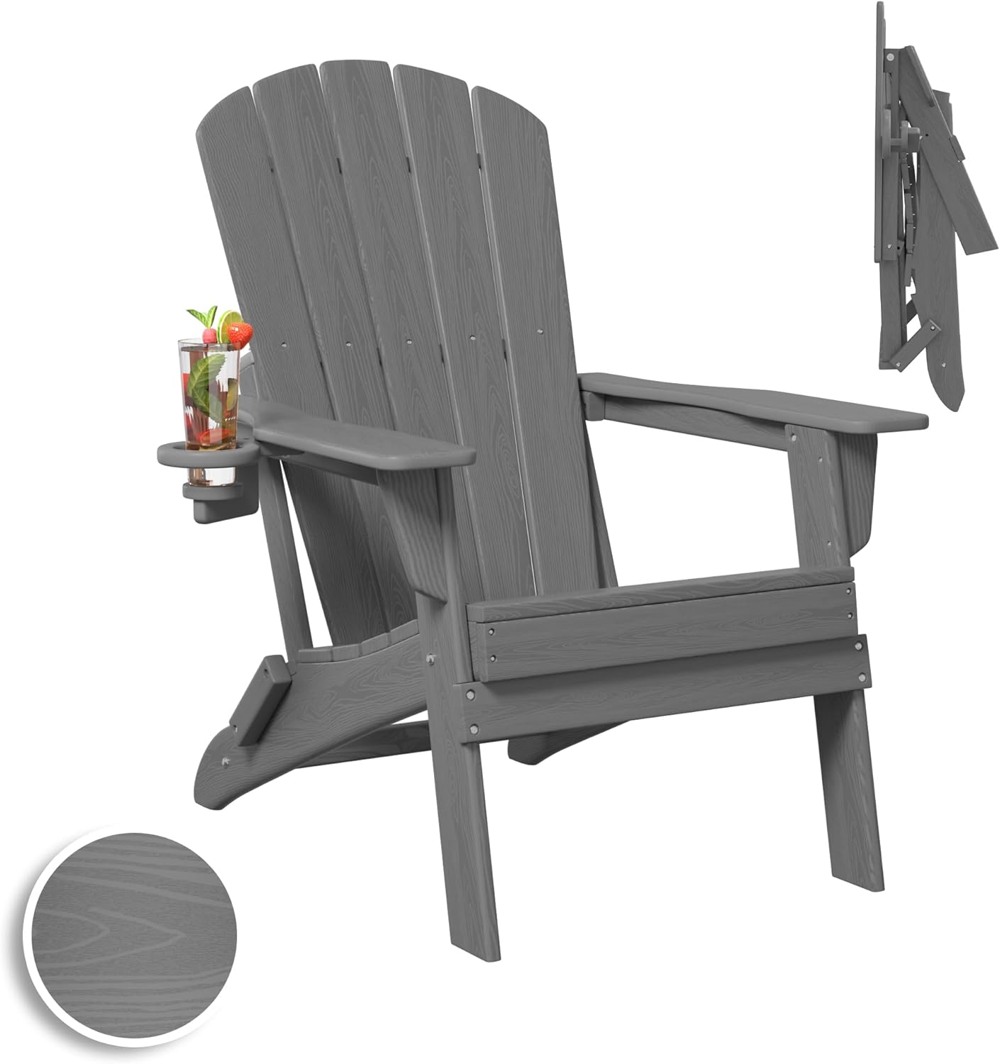 Plawdlik Folding Adirondack Chair, SGS Tested, Wooden Textured with Cup Holder, Heavy All-Weather HDPE Comfortable Set Poolside Backyard Lawn Black