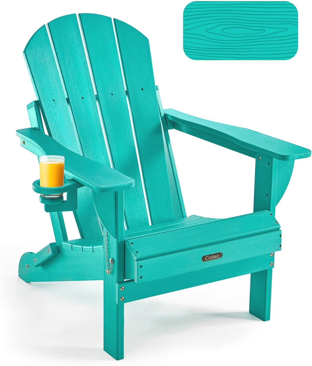 Ciokea Folding Adirondack Chair Wood Texture, Patio Adirondack Chair Weather Resistant, Plastic Fire Pit Chair with Cup Holder, Lawn Chair for Outdoor Porch Garden Backyard Deck (Teak)