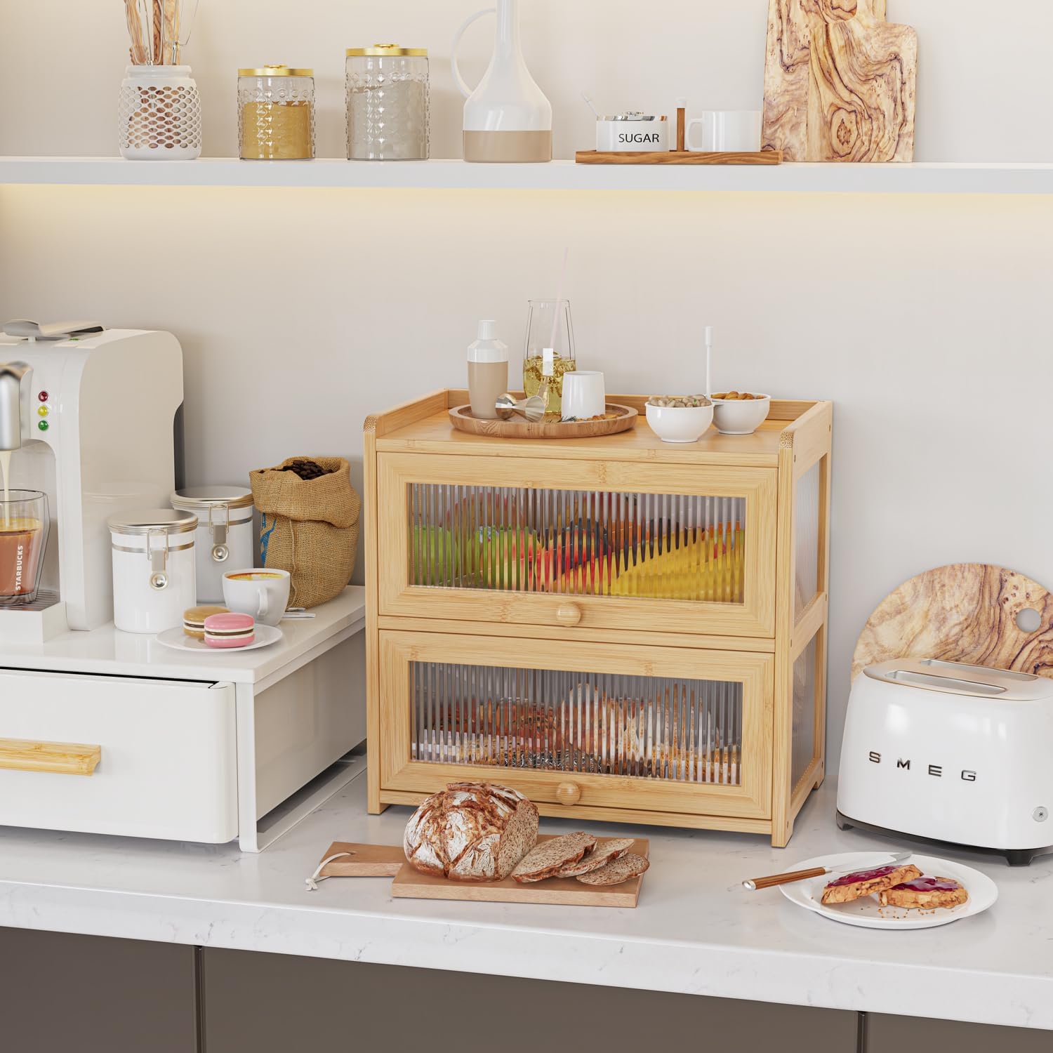 BAMBANG Extra Large Bamboo Bread Box for Kitchen Counter, Double Layer Bread Storage Container Farmhouse Bread Box with 4 Sides Transparency, Breadbox Bin Holder for Homemade Bread, Natural