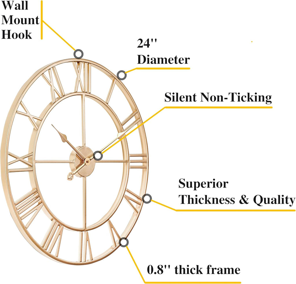 CLXEAST Champagne Gold Metal Wall Clock, Large Roman Numeral 24 Inch Wall Clocks for Living Room Decor,House Warming Gifts New Home