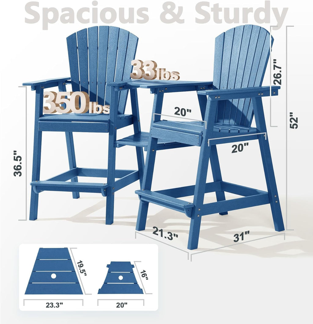PASAMIC Tall Adirondack Chairs Set of 2, All-Weather HDPE Patio Chairs with Double Connecting Trays, Bar Height Heavy-Duty Outdoor Chairs for Garden, Backyard, Balcony, Blue