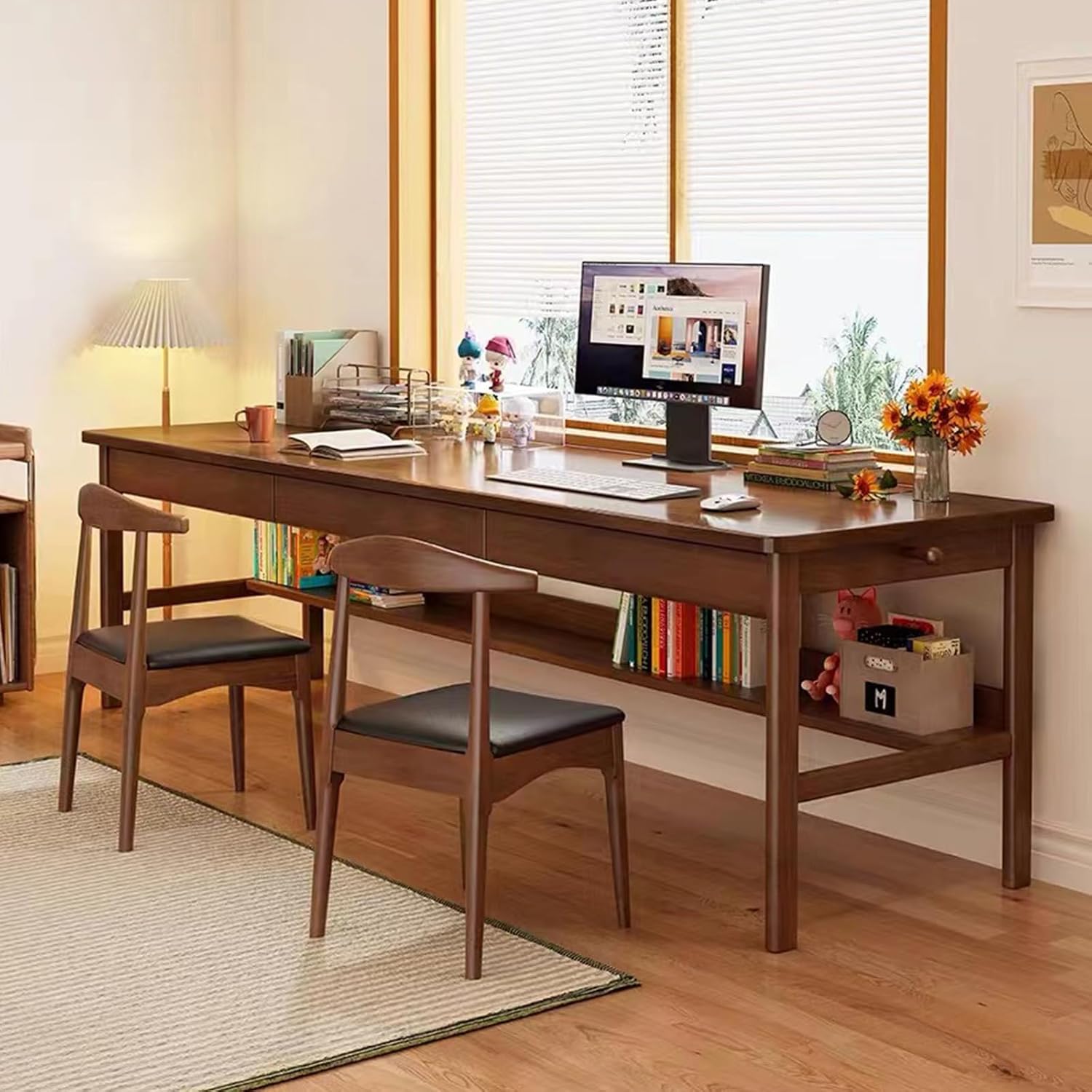 Ytaoka 70.86" Long Solid Wood Desk with 3 Drawers Home Office Computer Desk Mid Century Modern Large Study Writing Desk Simple Real Wood Desk Study Table Workstation, Walnut