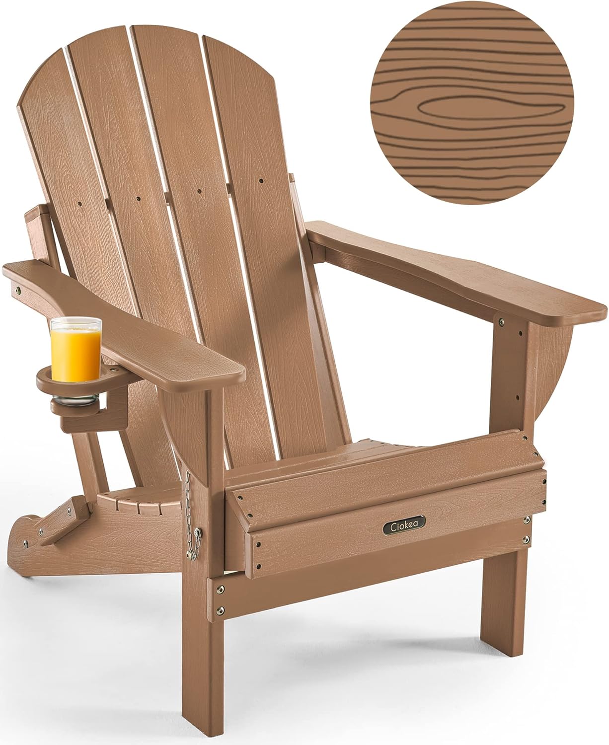 Ciokea Folding Adirondack Chair Wood Texture, Patio Adirondack Chair Weather Resistant, Plastic Fire Pit Chair with Cup Holder, Lawn Chair for Outdoor Porch Garden Backyard Deck (Teak)