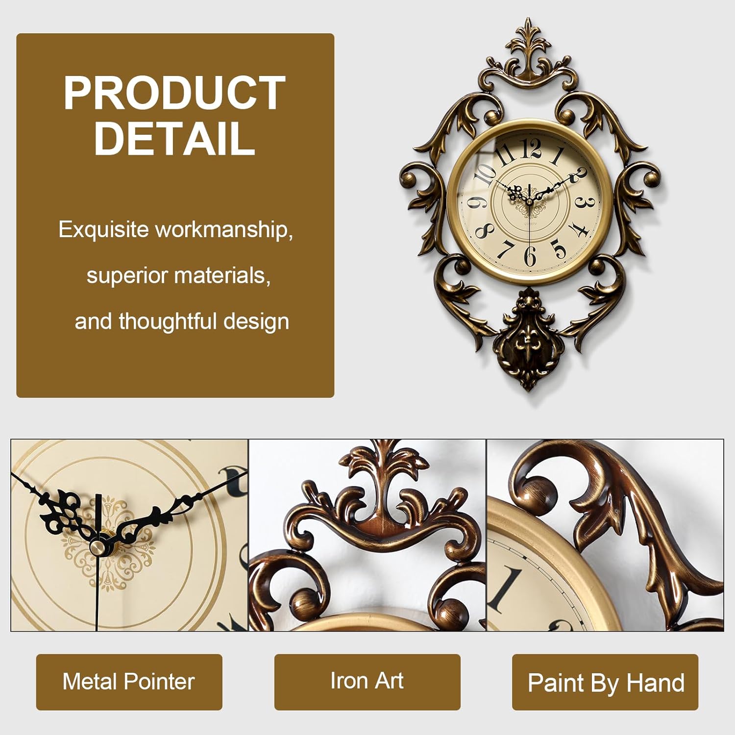 HEBOIX Vintage Wall Clock, Antique Decor, Battery Operated,Non Ticking European Style Metal Wall Clock, 26" x 19" Decorative Retro,Bedroom/Living Room/Kitchen