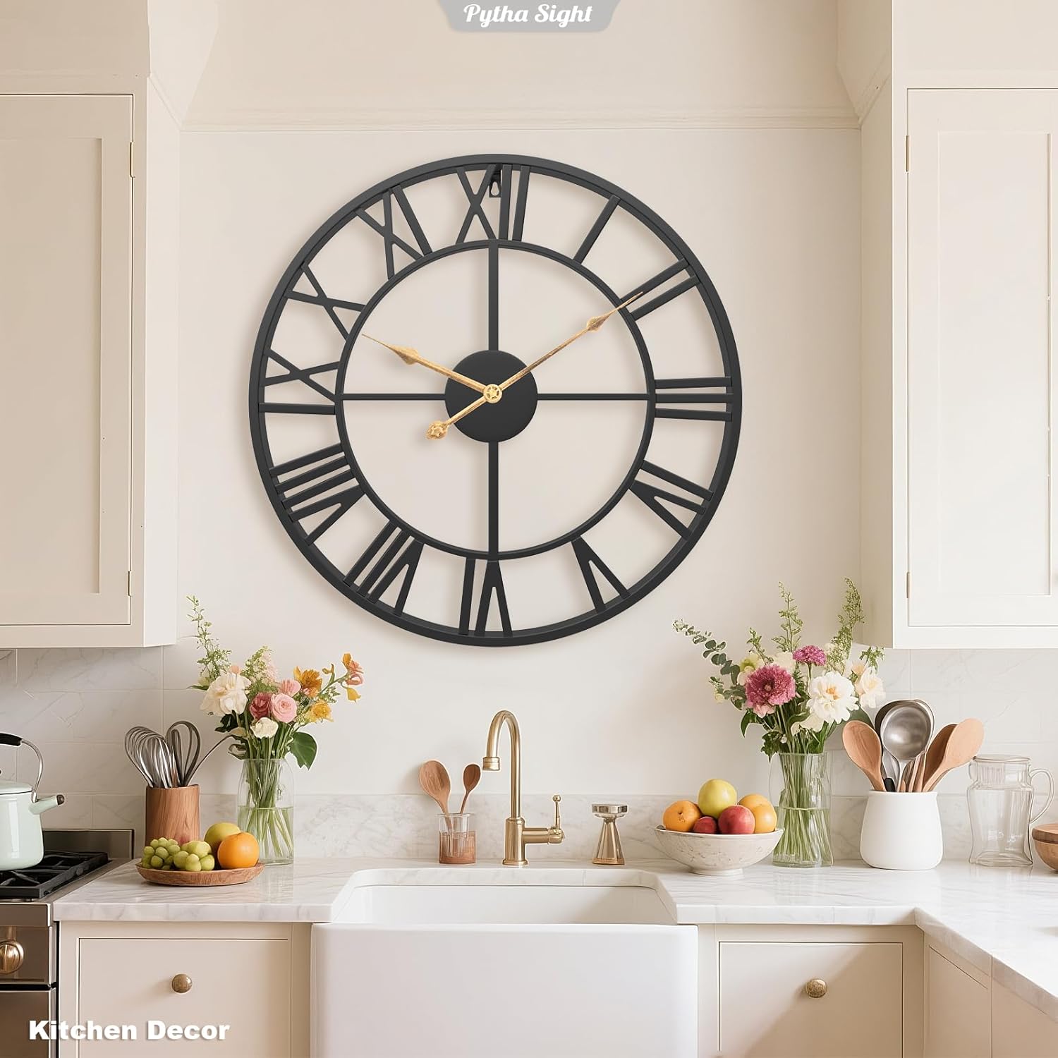 Pytha Sight 30 Inch Extra Large Giant Wall Clock,Oversized Round Silent Vintage Industrial Black Metal Farmhouse Big Roman Numeral Wall Clocks for Living Room,Kitchen,Bedroom Home Decor