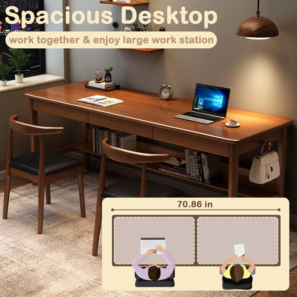 Ytaoka 70.86" Long Solid Wood Desk with 3 Drawers Home Office Computer Desk Mid Century Modern Large Study Writing Desk Simple Real Wood Desk Study Table Workstation, Walnut
