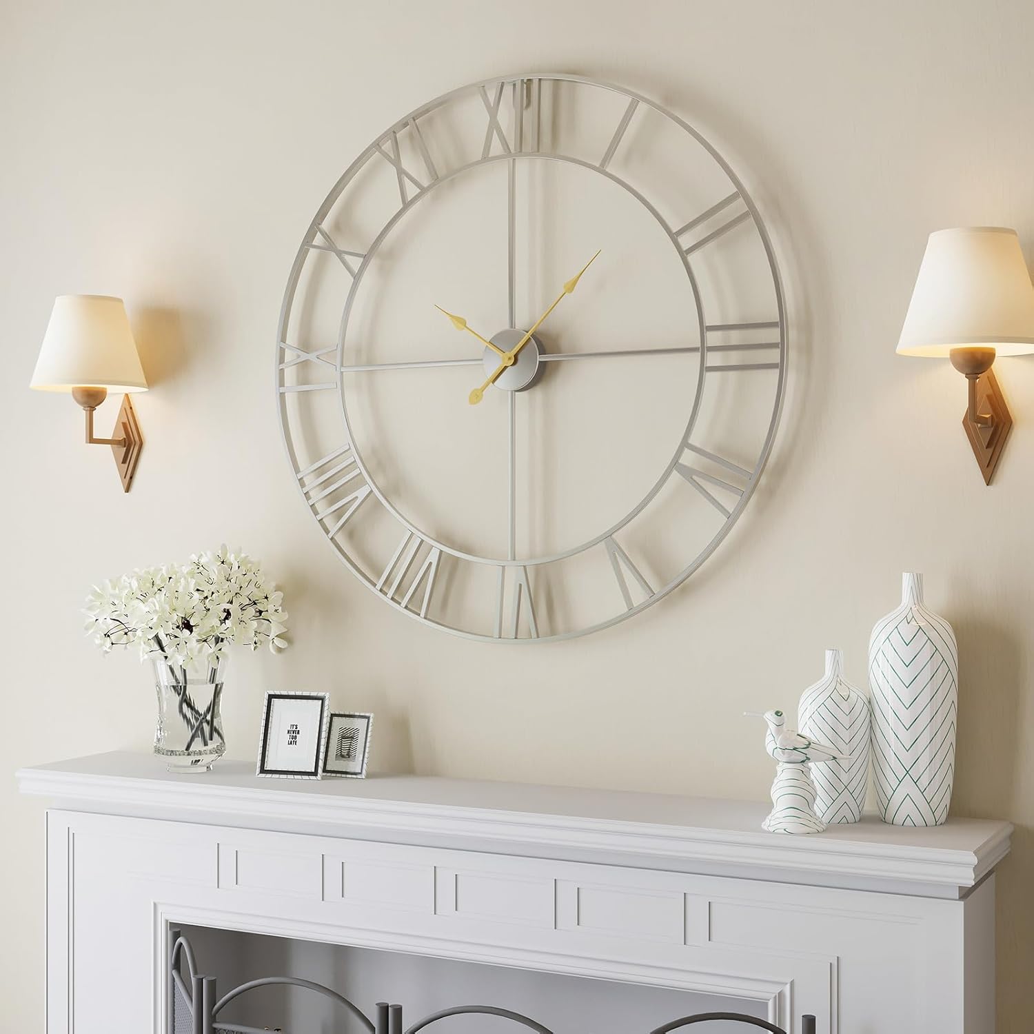 Cuspin Large Wall Clock for Living Room Decor, 30 Inch Decorative Wall Clocks Battery-Operated Silent Non Ticking Metal Modern Black Round Clock Arabic Numerals