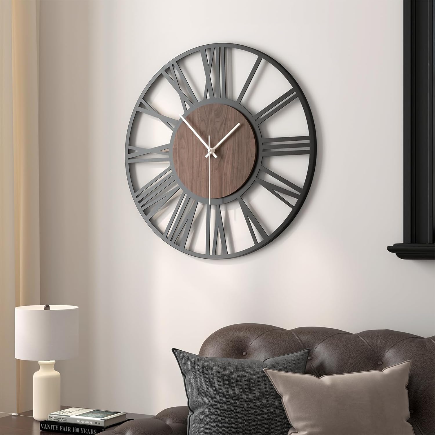 Cuspin Large Wall Clock for Living Room Decor, 30 Inch Decorative Wall Clocks Battery-Operated Silent Non Ticking Metal Modern Black Round Clock Arabic Numerals