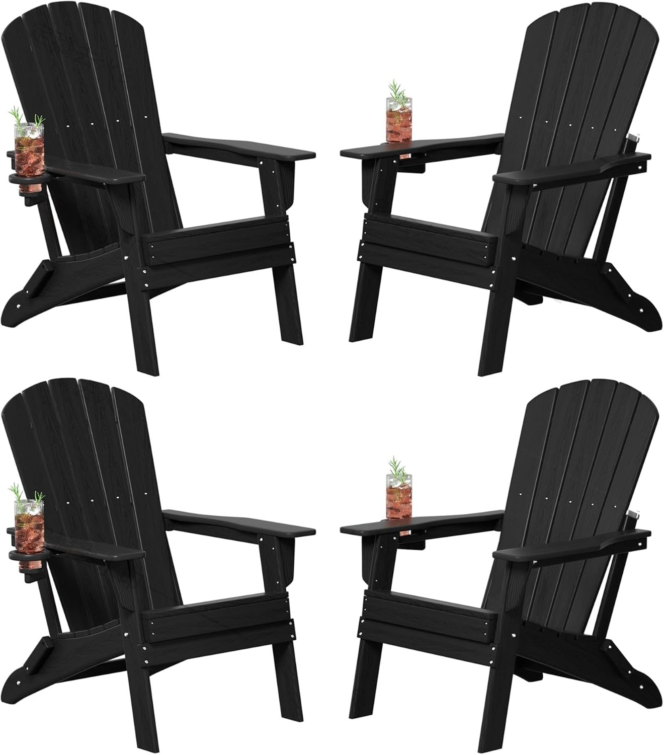 Plawdlik Folding Adirondack Chair, SGS Tested, Wooden Textured with Cup Holder, Heavy All-Weather HDPE Comfortable Set Poolside Backyard Lawn Black