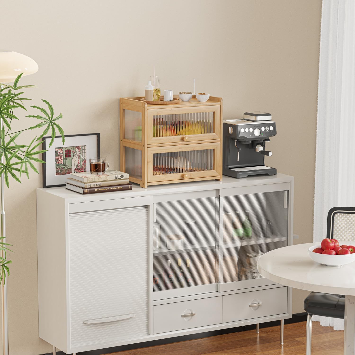 BAMBANG Extra Large Bamboo Bread Box for Kitchen Counter, Double Layer Bread Storage Container Farmhouse Bread Box with 4 Sides Transparency, Breadbox Bin Holder for Homemade Bread, Natural