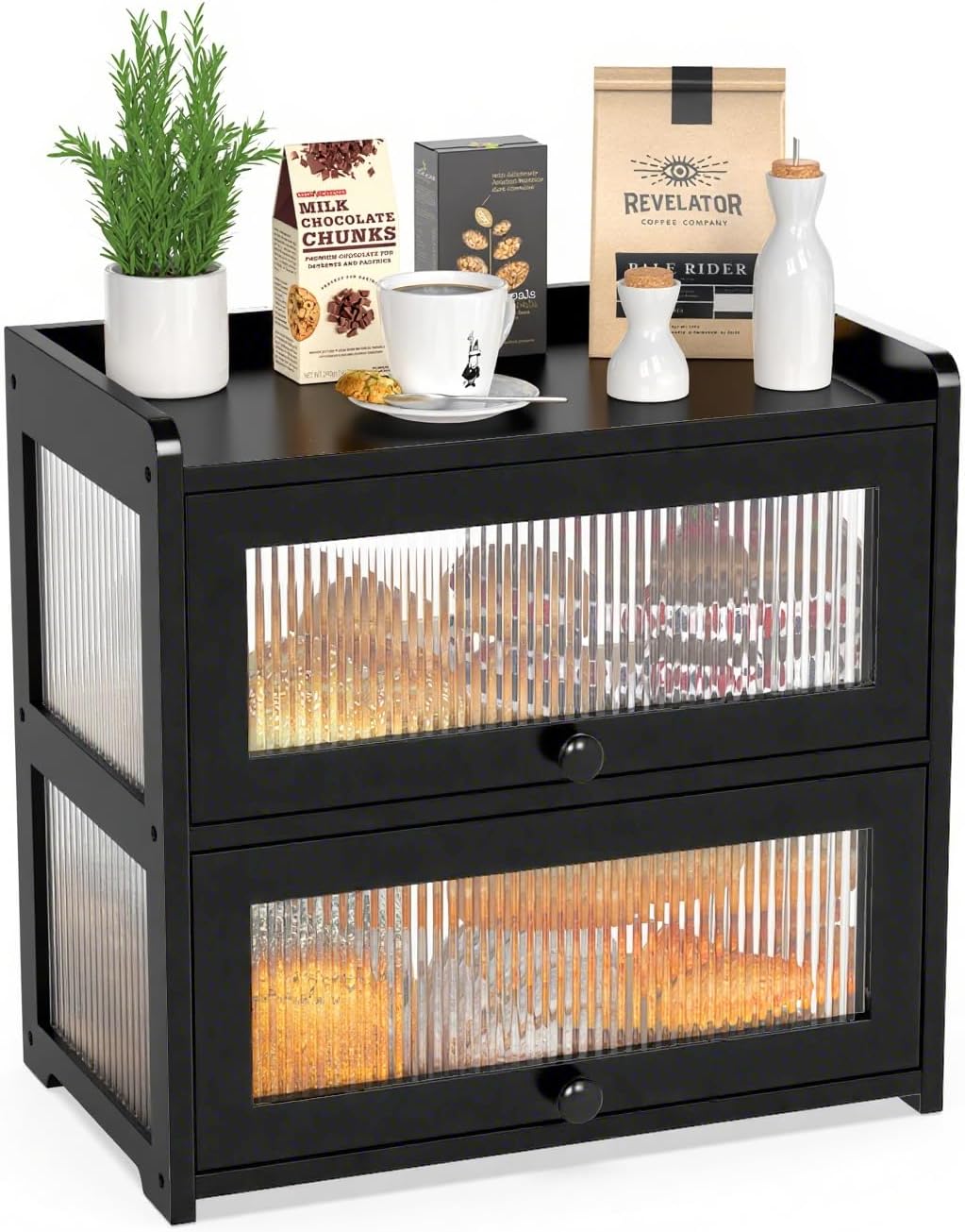 BAMBANG Extra Large Bamboo Bread Box for Kitchen Counter, Double Layer Bread Storage Container Farmhouse Bread Box with 4 Sides Transparency, Breadbox Bin Holder for Homemade Bread, Natural