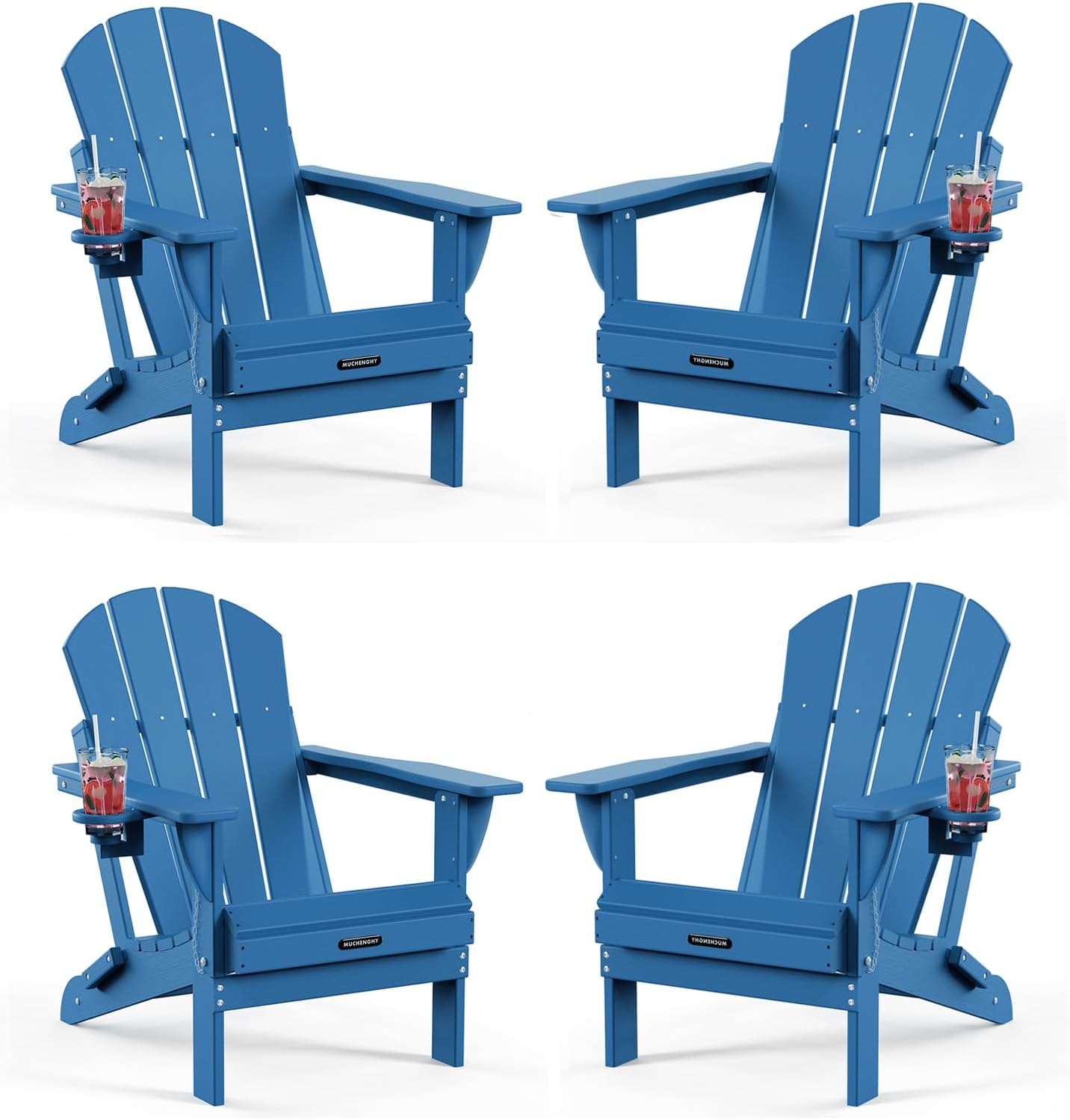 MUCHENGHY Folding Adirondack Chairs 2 Pack, Patio & Outdoor Chairs, Plastic Weather Resistant with Cup Holder for Deck, Backyard, Garden (Black)