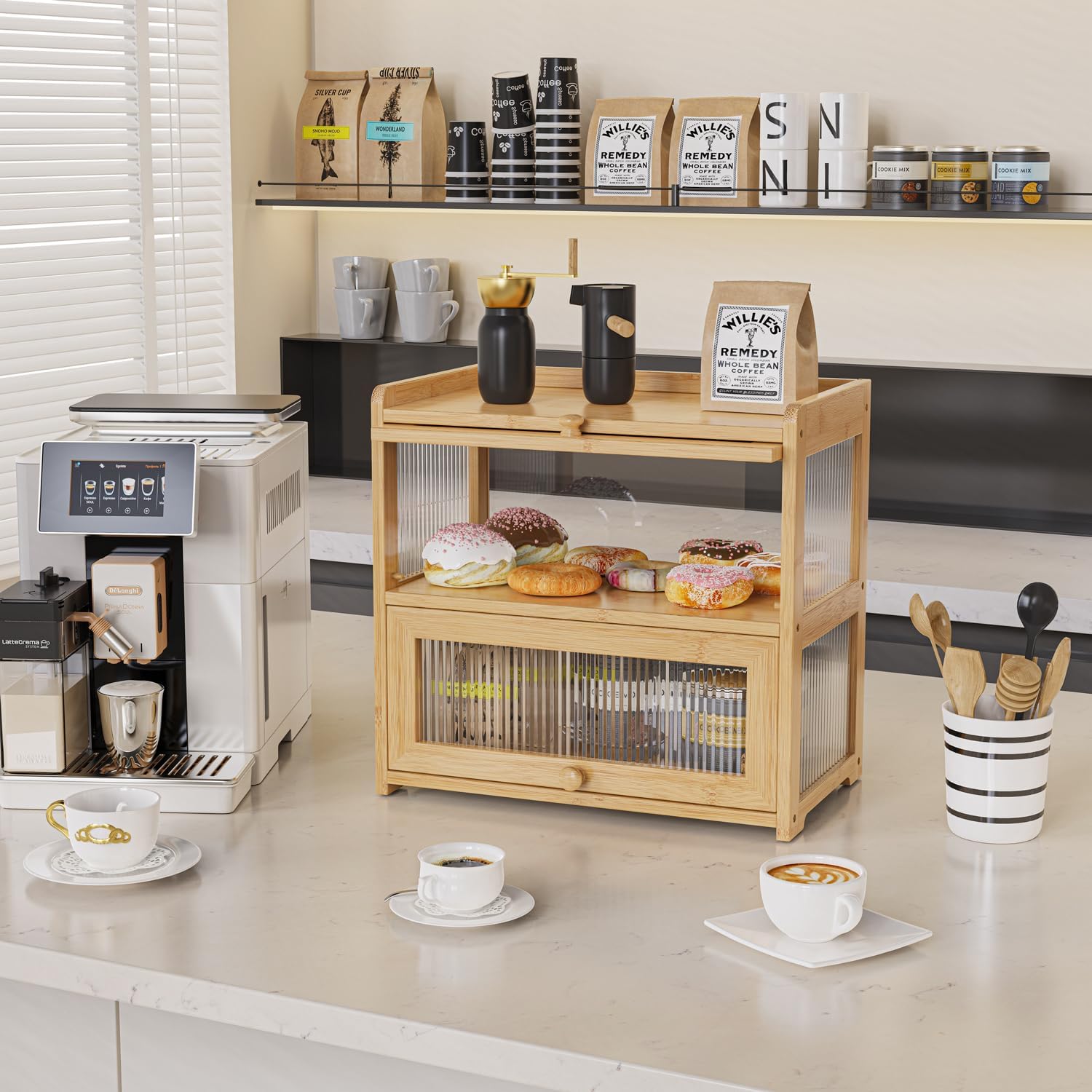 BAMBANG Extra Large Bamboo Bread Box for Kitchen Counter, Double Layer Bread Storage Container Farmhouse Bread Box with 4 Sides Transparency, Breadbox Bin Holder for Homemade Bread, Natural