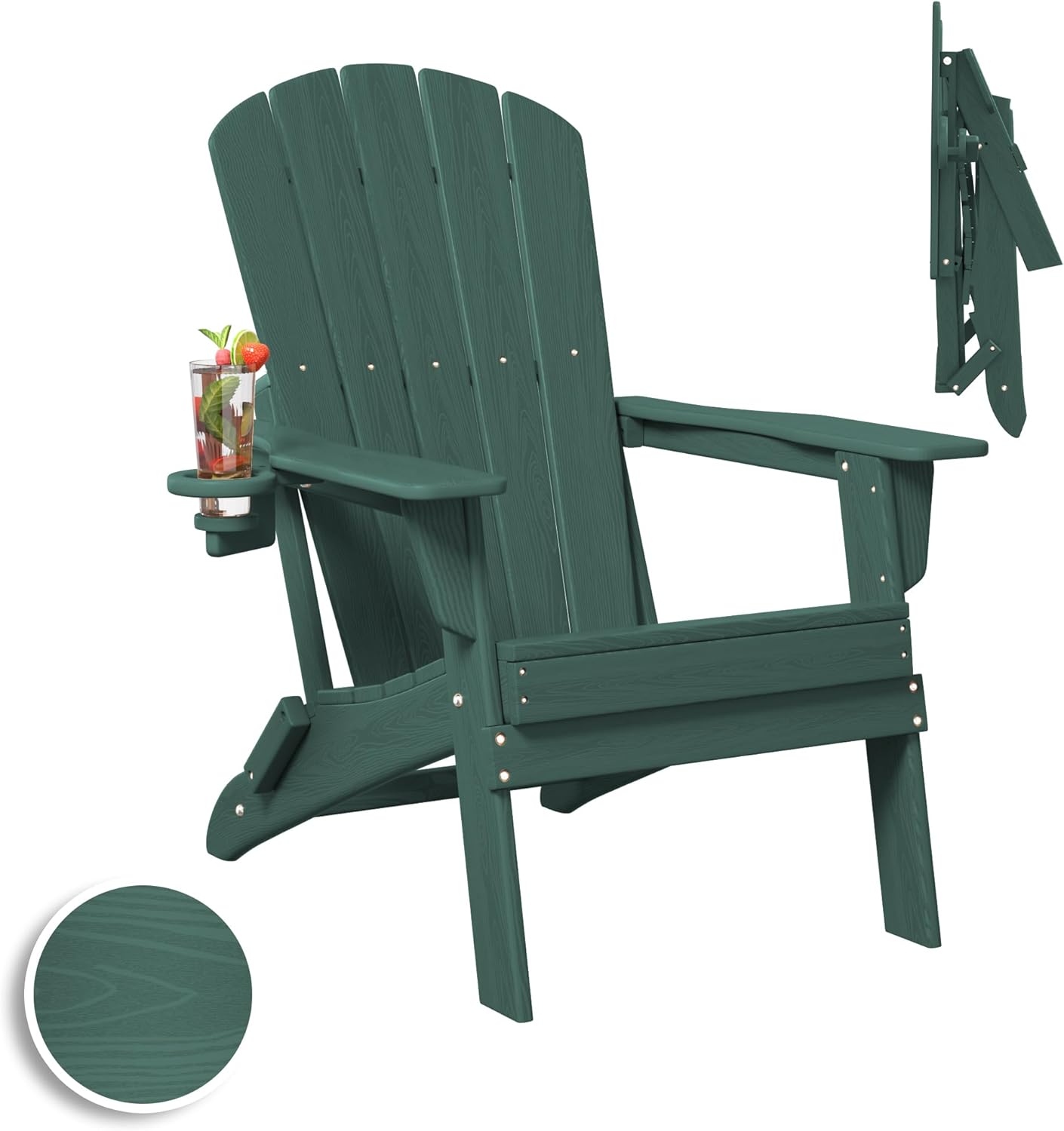 Plawdlik Folding Adirondack Chair, SGS Tested, Wooden Textured with Cup Holder, Heavy All-Weather HDPE Comfortable Set Poolside Backyard Lawn Black