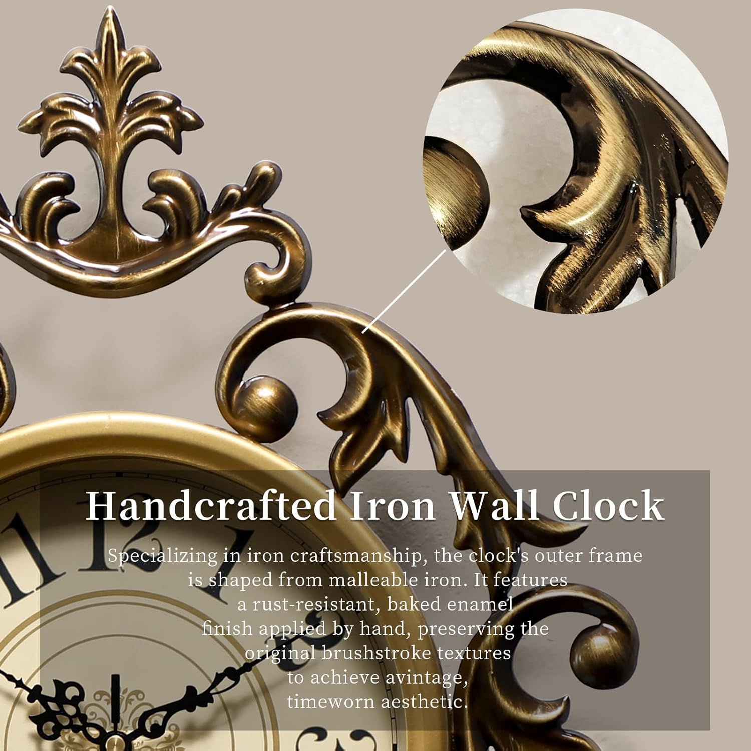 HEBOIX Vintage Wall Clock, Antique Decor, Battery Operated,Non Ticking European Style Metal Wall Clock, 26" x 19" Decorative Retro,Bedroom/Living Room/Kitchen