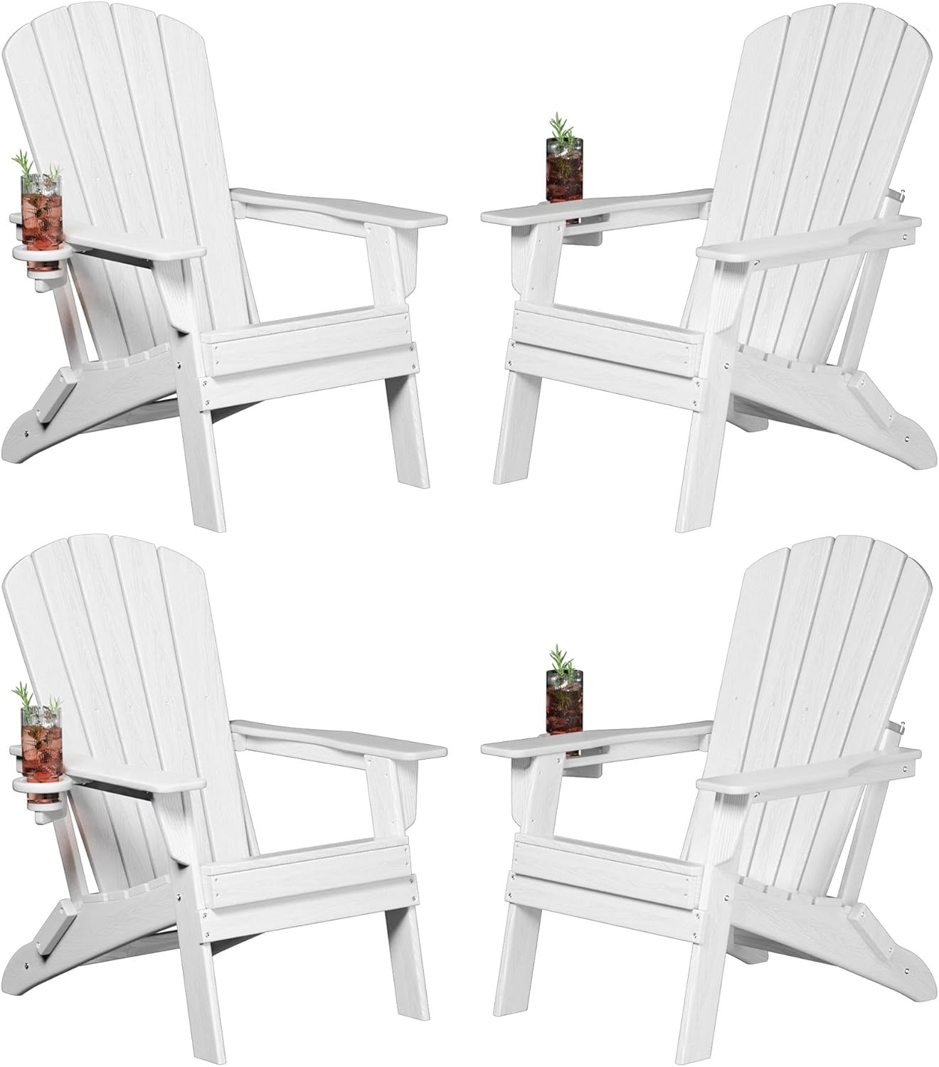 Plawdlik Folding Adirondack Chair, SGS Tested, Wooden Textured with Cup Holder, Heavy All-Weather HDPE Comfortable Set Poolside Backyard Lawn Black