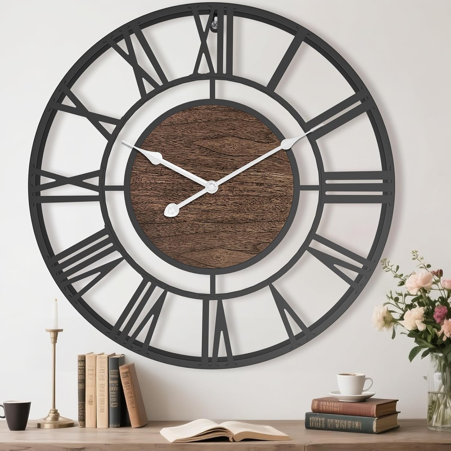 Pytha Sight 30 Inch Extra Large Giant Wall Clock,Oversized Round Silent Vintage Industrial Black Metal Farmhouse Big Roman Numeral Wall Clocks for Living Room,Kitchen,Bedroom Home Decor