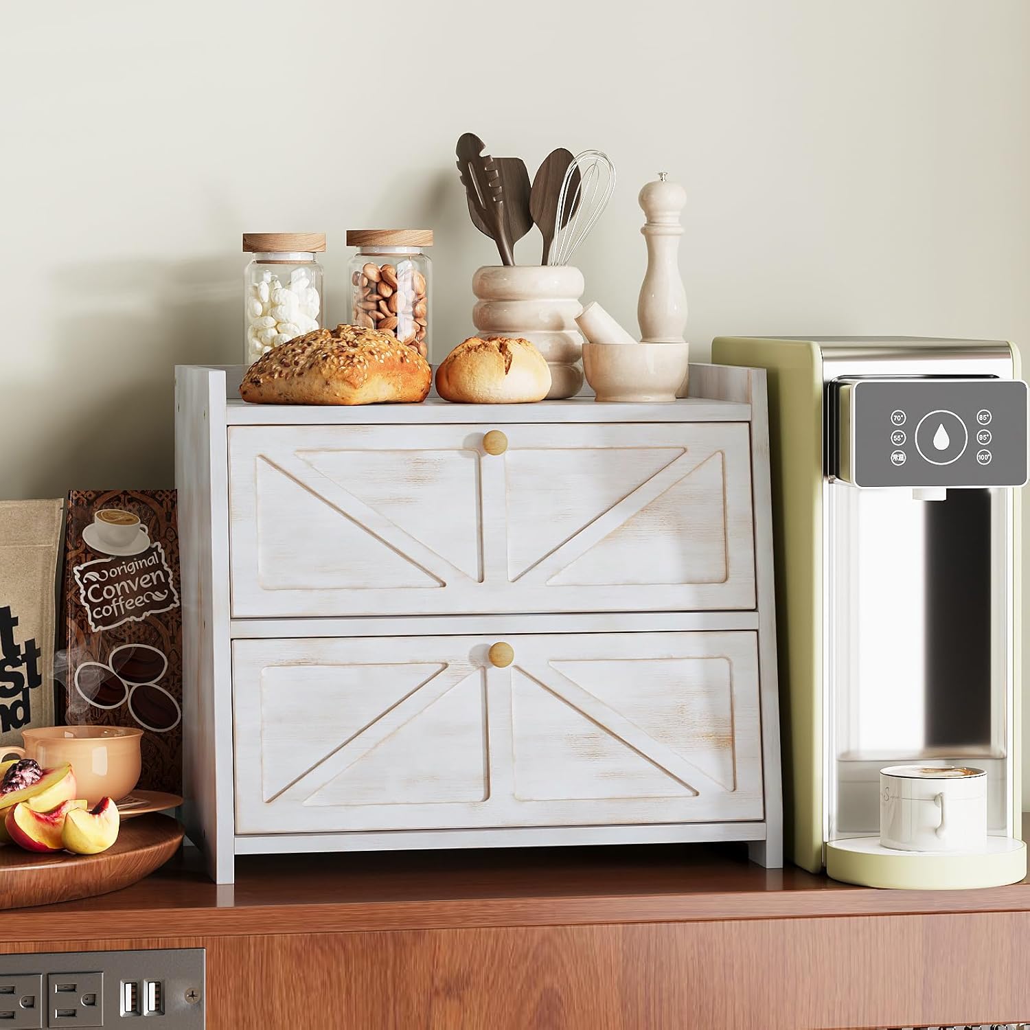 Trironsun Vintage Double Layer Bread Box for Kitchen Counter Bamboo Bread Storage Container Large Capacity Bread Storage Bin (Antique White)